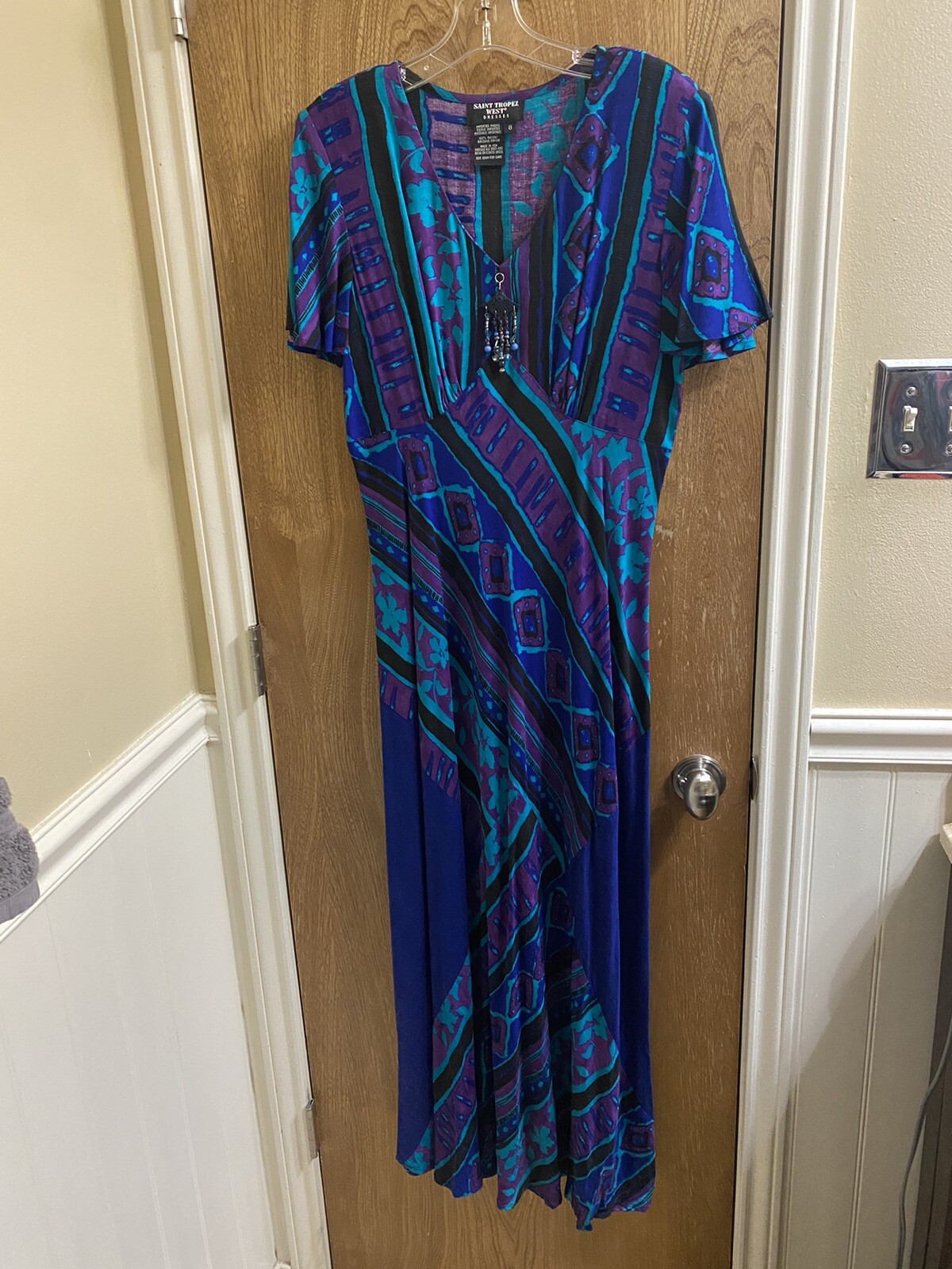 Vintage Saint Tropez West Southwestern Geometric 90s Dress Purple/Blue/Blk Sz 8