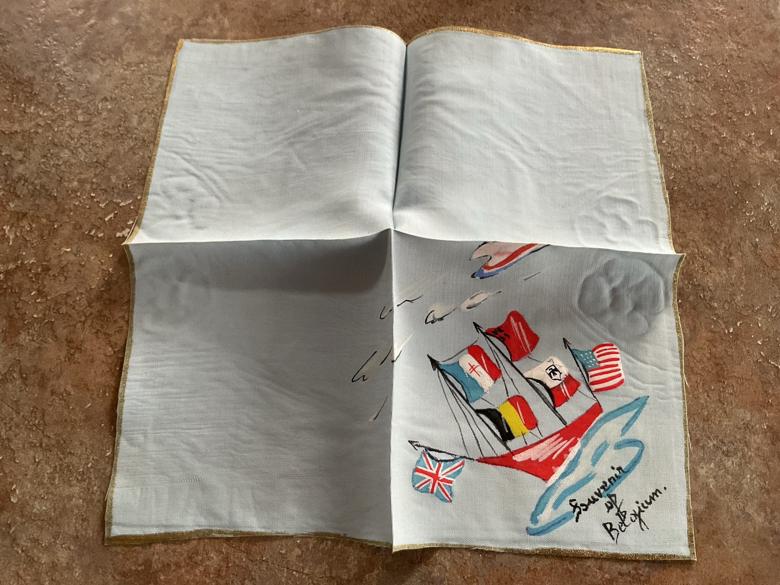Vintage Souvenir Handkerchief Of Belgium Light Blue 7 Inches Nautical