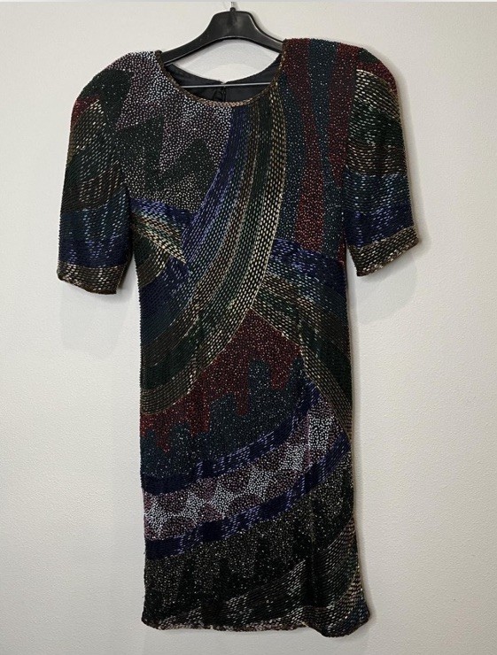 Vintage 80s 90s Abstract Modern Multicolor Cocktail Prom Dress Beaded SZ Small