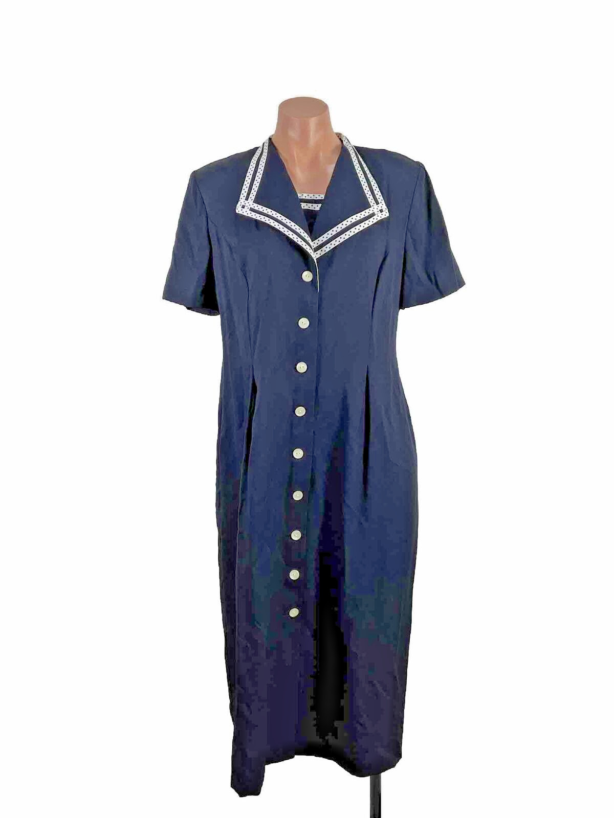 Miss Dorby Women’s Vintage Dress Blue & White Polka Dot Sailor Button Secretary