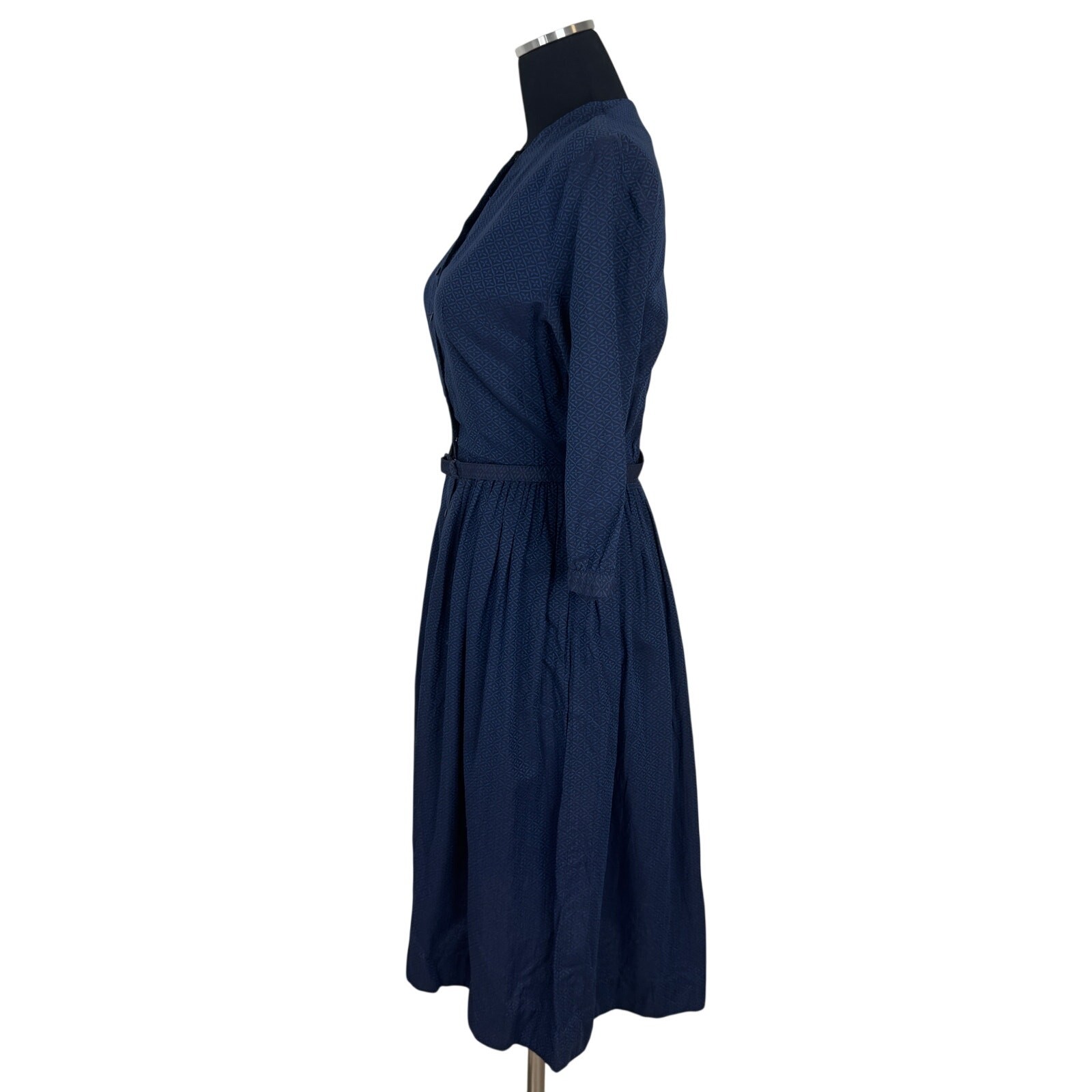 Vintage 1940s Vicky Vaughn Blue Geometric Day Dress WWII Shoulder Pads w Belt