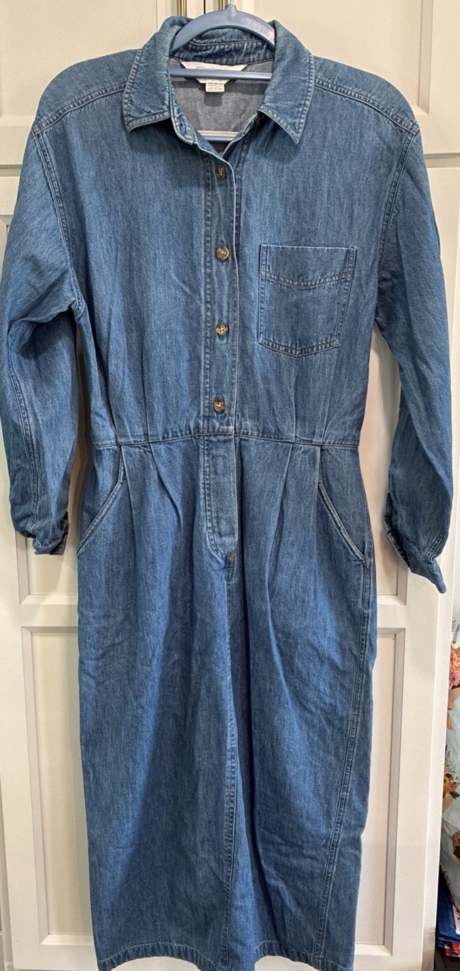 Vintage Lands’ End Blue Denim Elastic Waist Button Front Dress Size 8 90s Retro