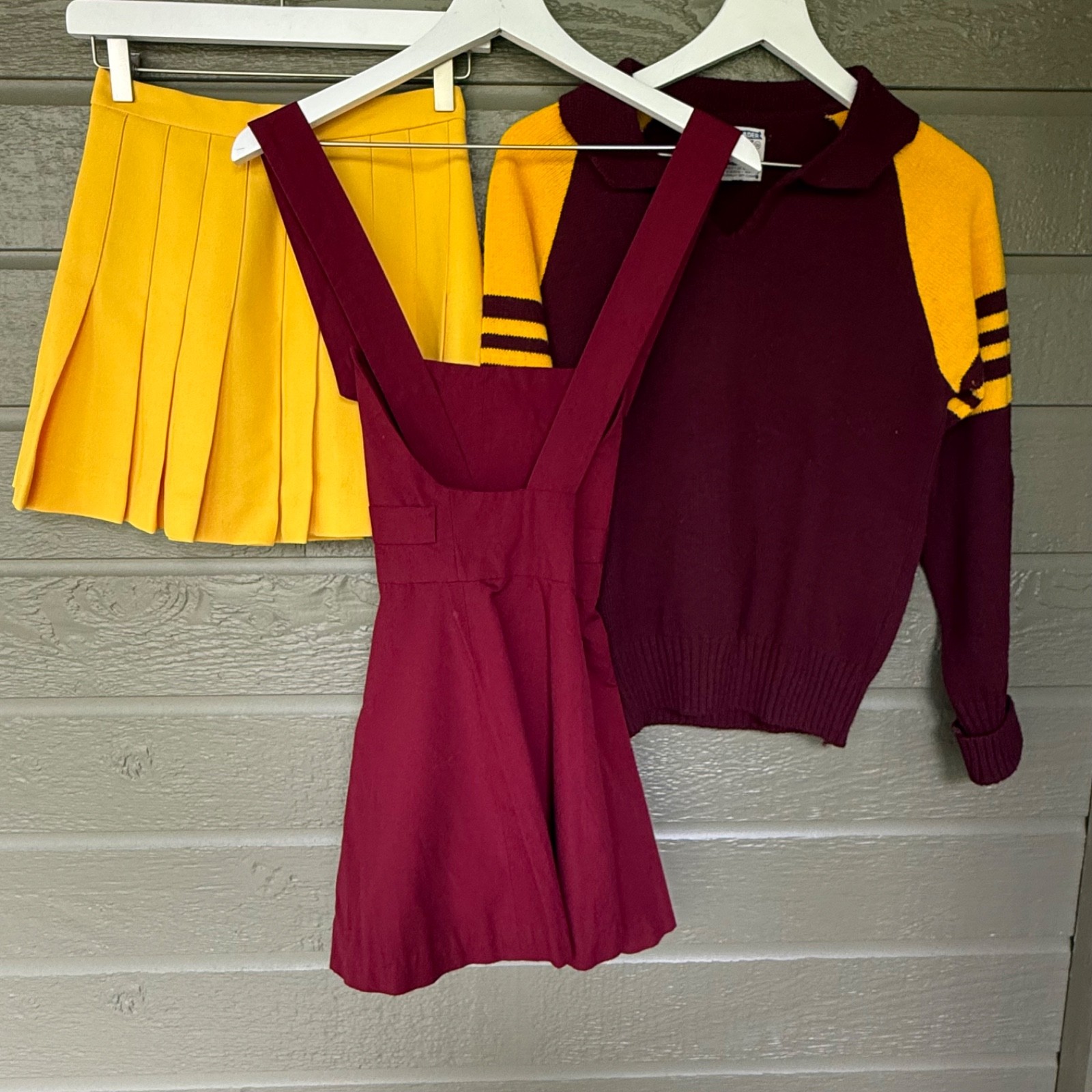Vintage Cheerleader Uniform Skirt Sweater Jumper Maroon Yellow Chenille Patch