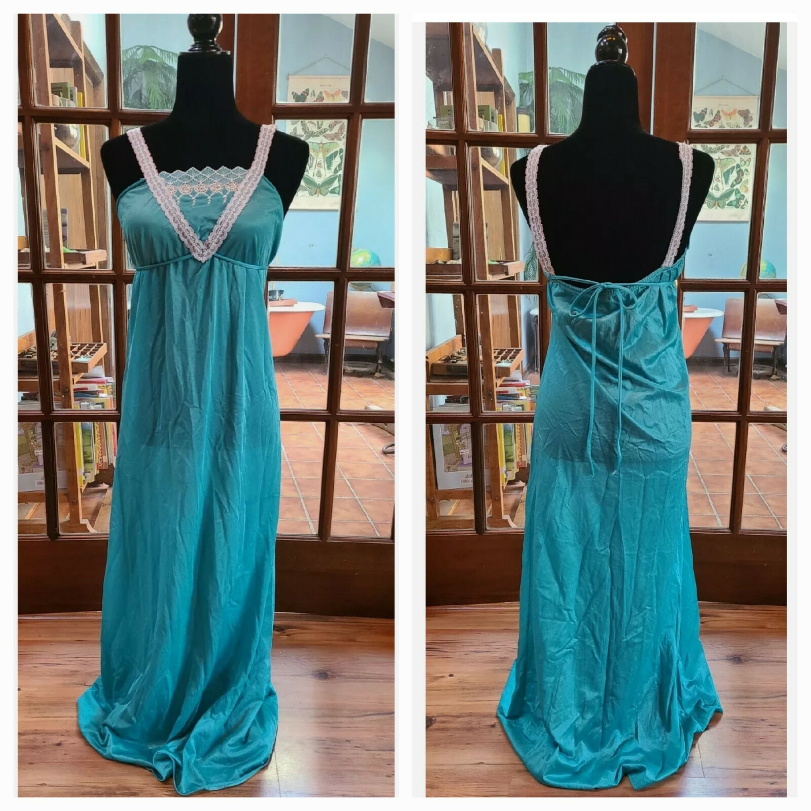 Vtg Sexy Nightgown Full Length Aqua Blue Nylon Lace Ribbon Straps Goddess Sz S
