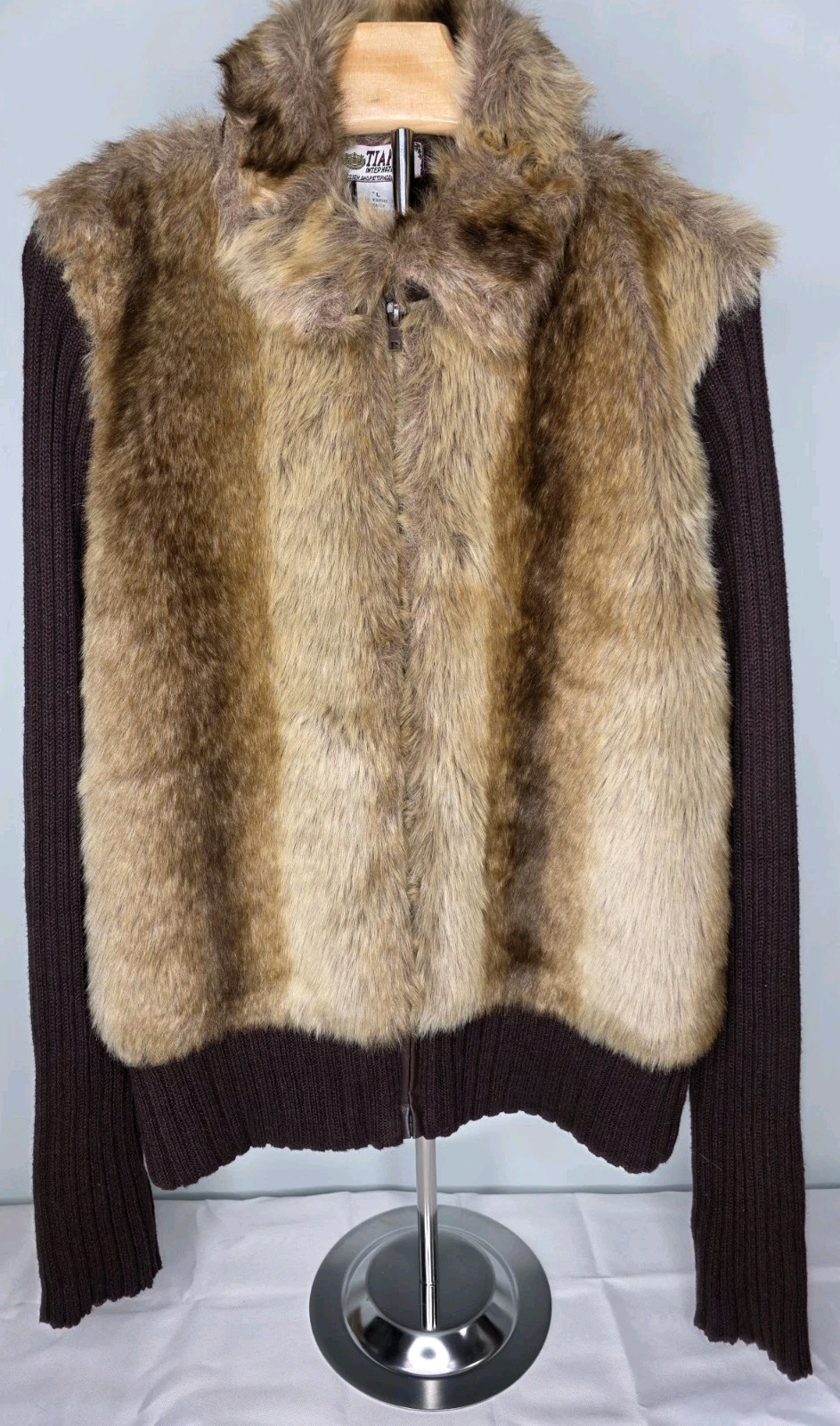 Tiara International Brown Faux Fur Ribbed Knit Zip Up Sweater Jacket Large L (H)