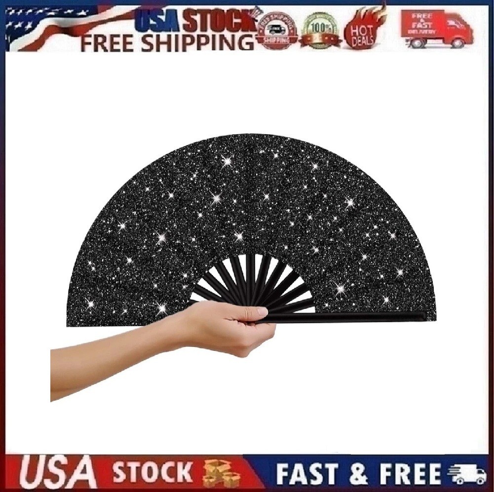 13” Big Hand Fan, Boots on The Ground Dance Accessory Fan (Glitter Black)