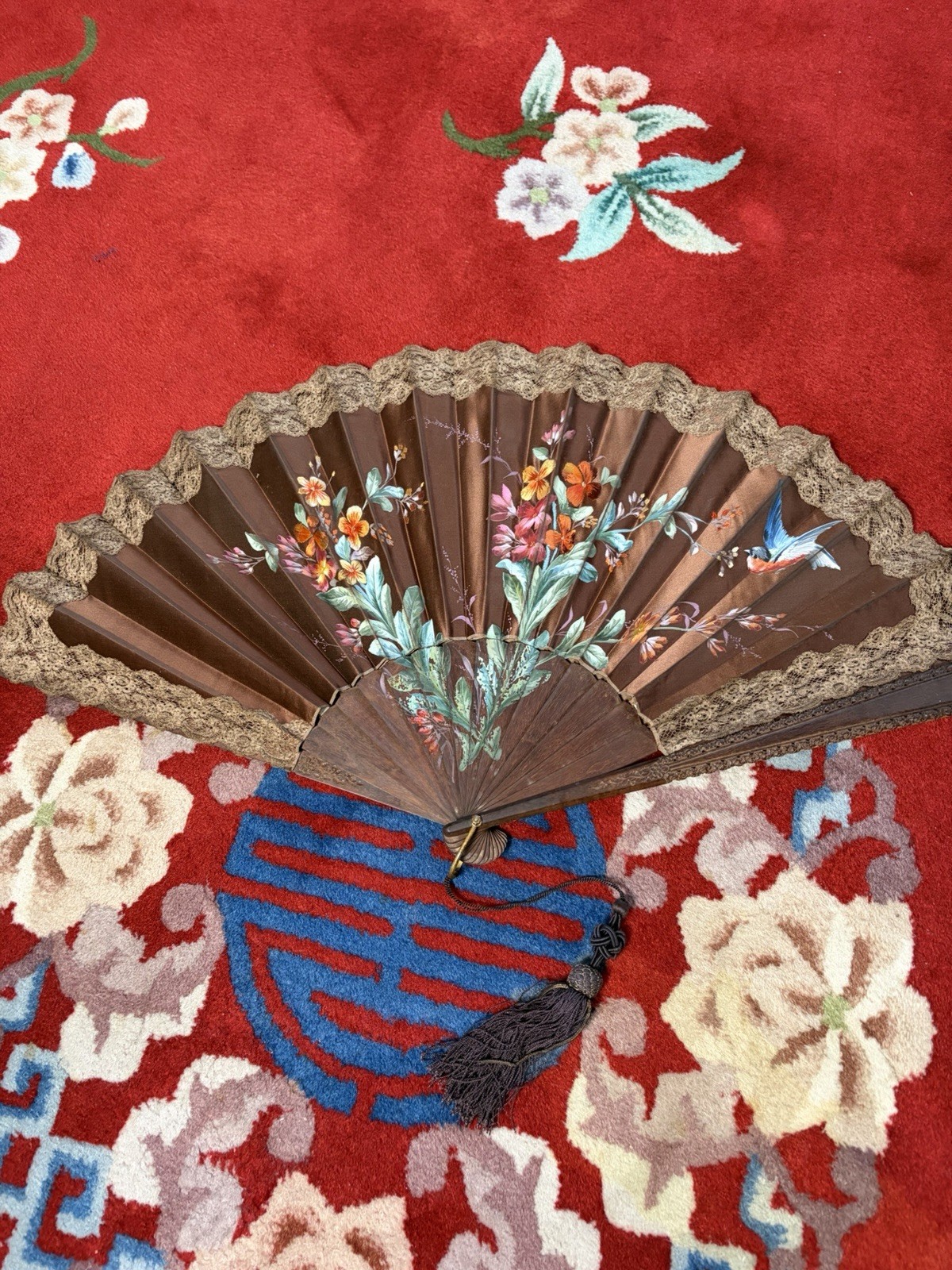 Antique Victorian Hand Painted Embroidered Fan, Carved Wood, Lace