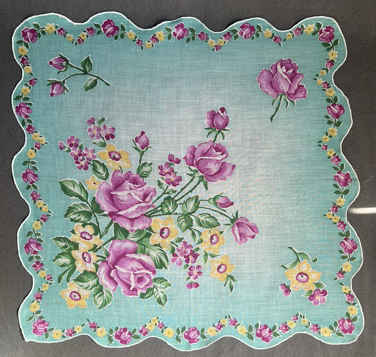 #158 Vintage Printed Handkerchief Pink Roses Yellow Blossoms Scalloped Edge