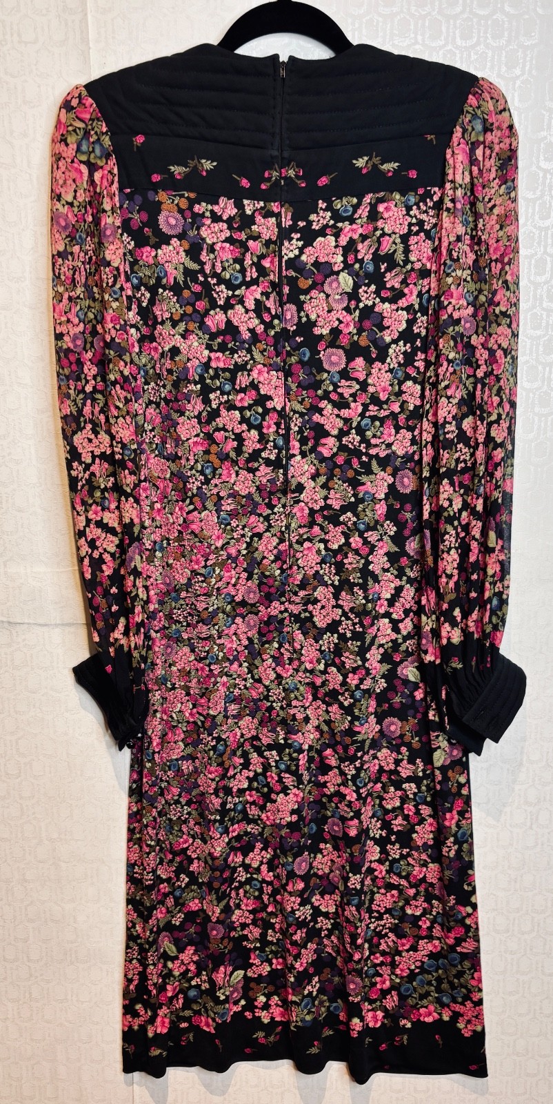VTG 70’S-80’S LEONARD MIKADO SILK JERSEY BLACK&PINK FLORAL QUILT TRIM DRESS*S
