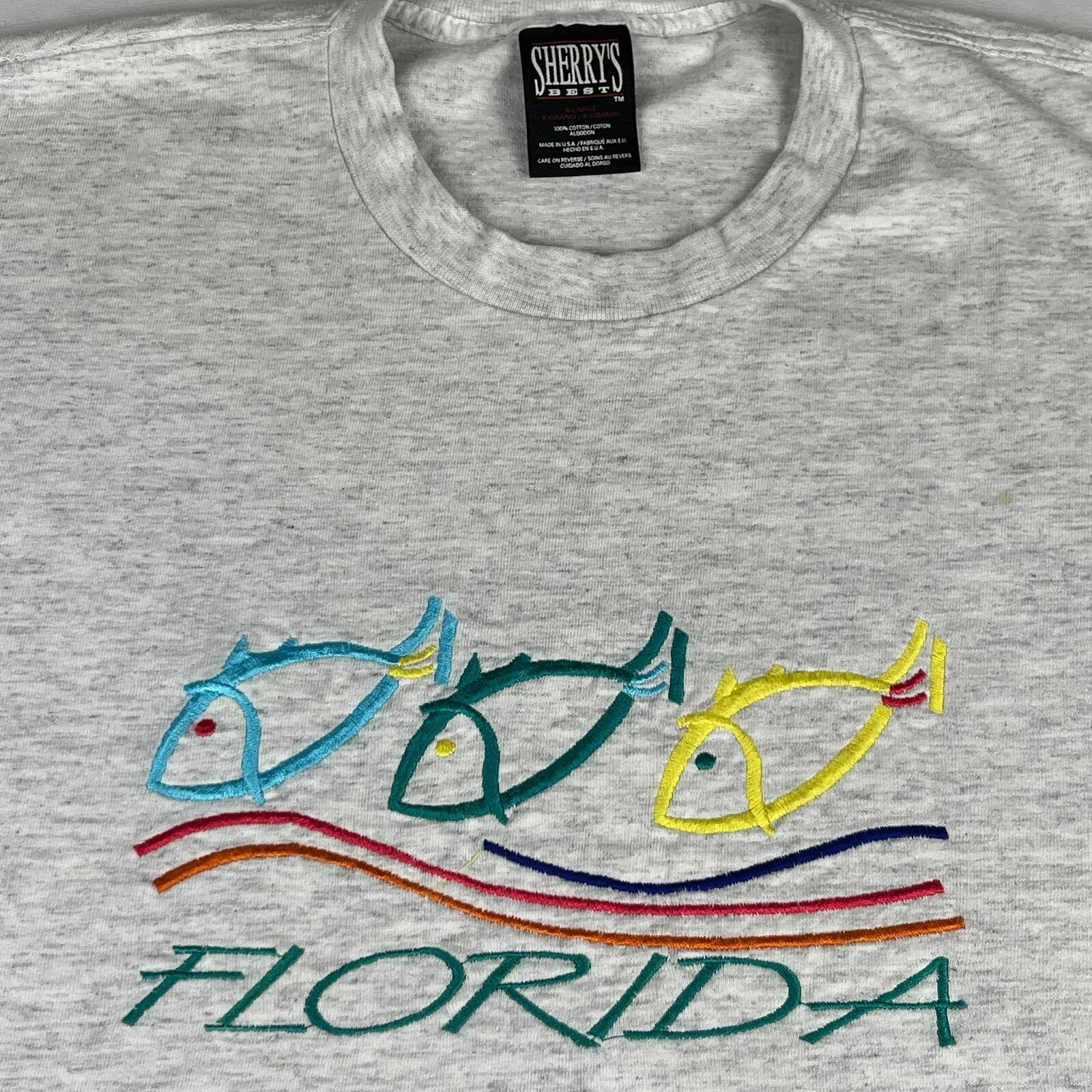 Florida + Fish Embroidered T Shirt XL Made In USA Sherry’s Best Cotton Colorful