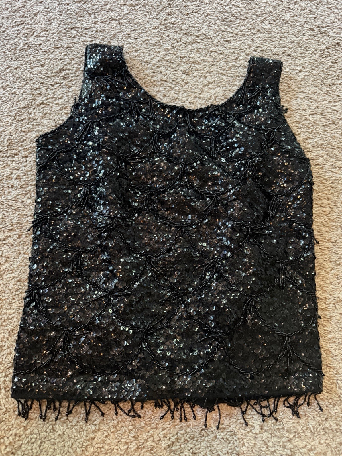Vintage Black Sequin & Beaded Fringe Top – Flapper Style – Fits Small – Evening