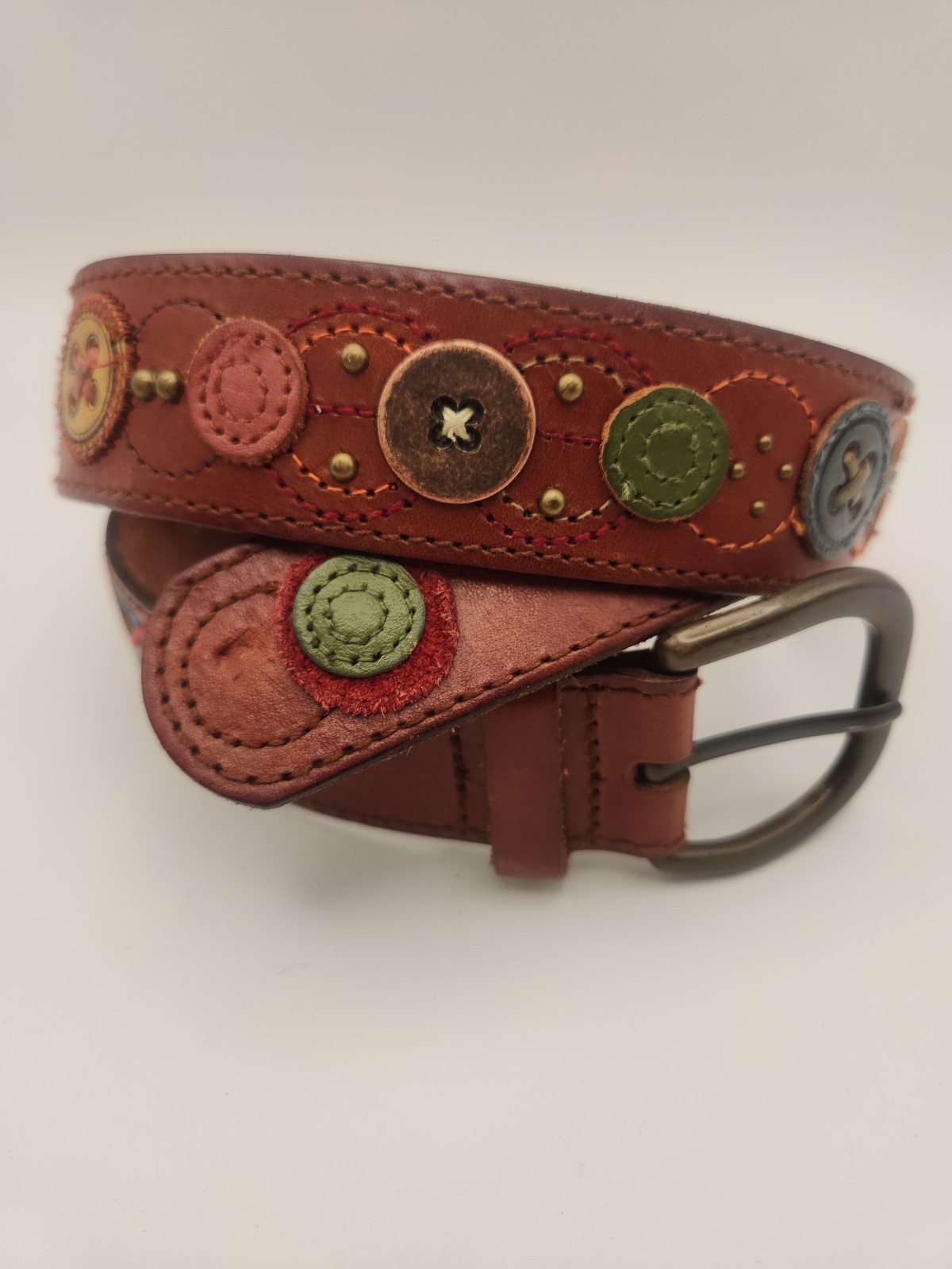 Vintage Fossil Brown Leather Mixed Media Patchwork Button Belt Medium Boho Y2K