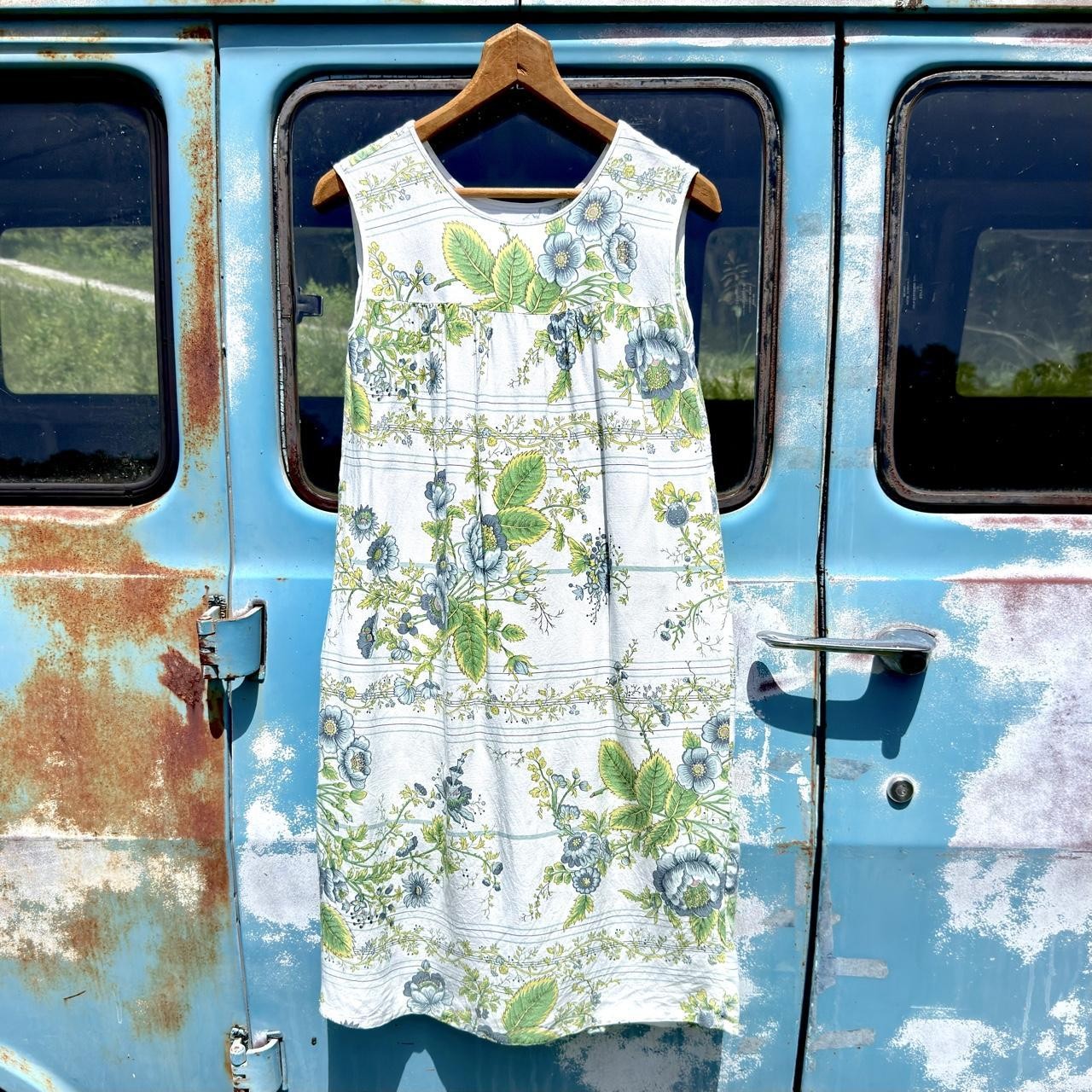 60s green & blue floral cotton day dress w/ hip pocket & white piping