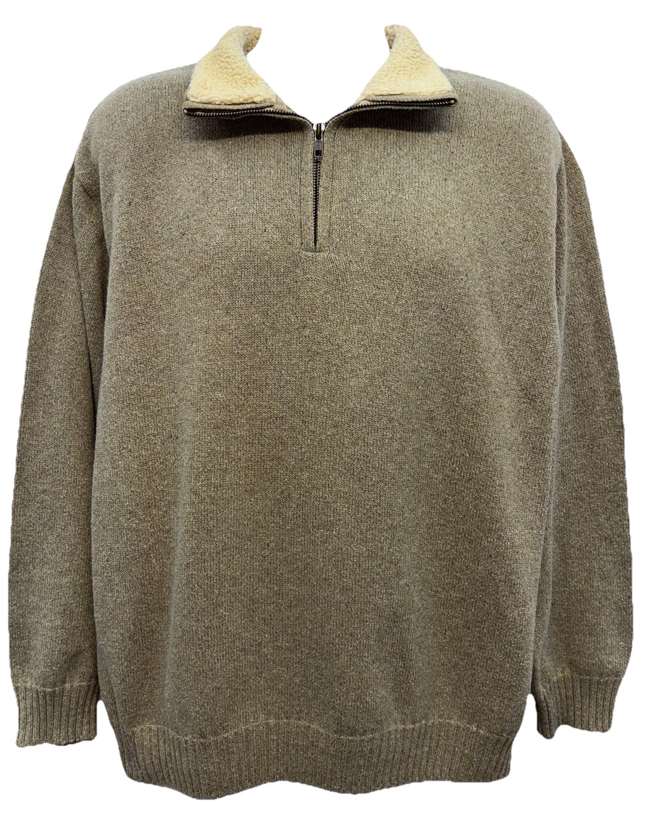 VTG OSCAR DE LA RENTA Men-XL Sherpa Collar 1/4 Zip Pullover Sweater Speckled Tan