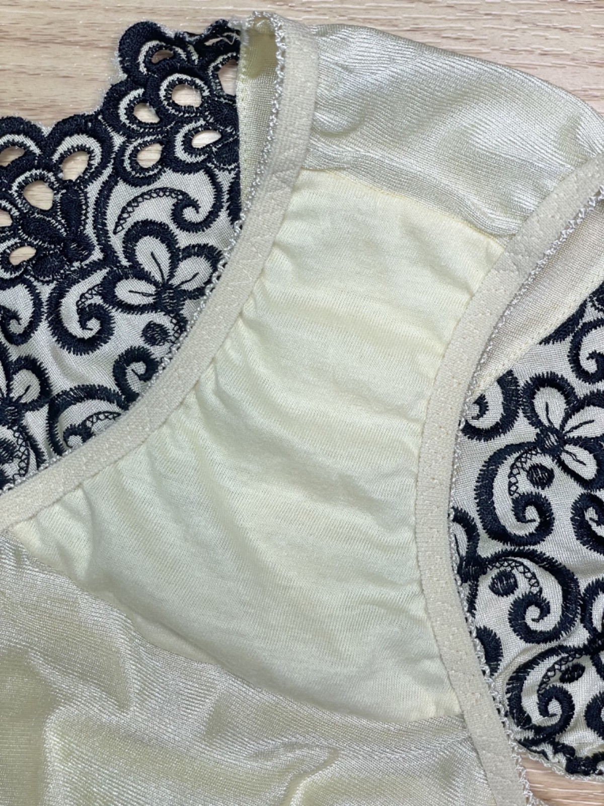 Vintage Light Yellow Nylon Panty Slippery High Leg Briefs Black Lace Bikini Sz.5