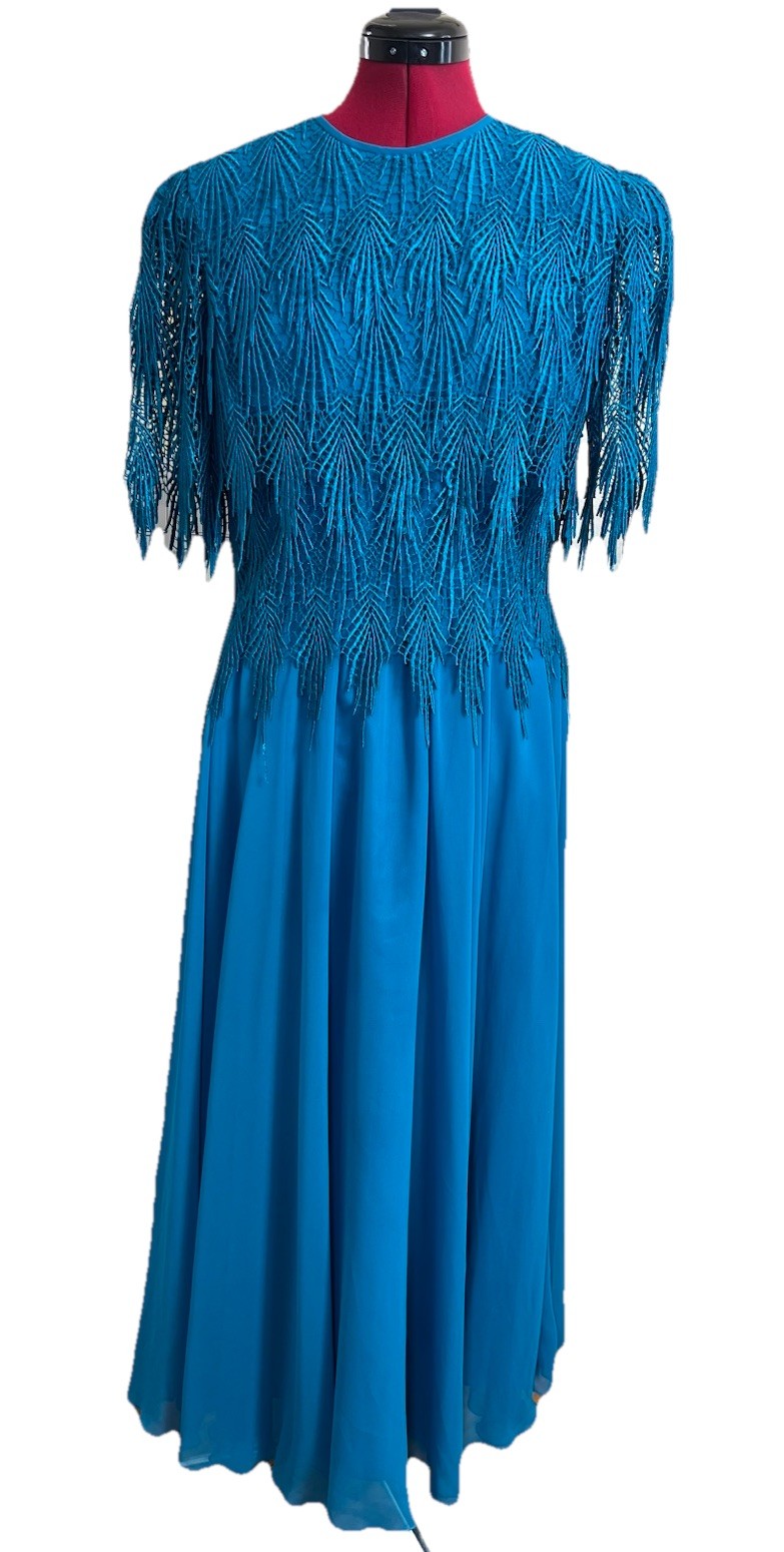 Vtg 80S Lillie Rubin Top Lace Teal Blue Evening Gown Dress USA Made Women Sz 8