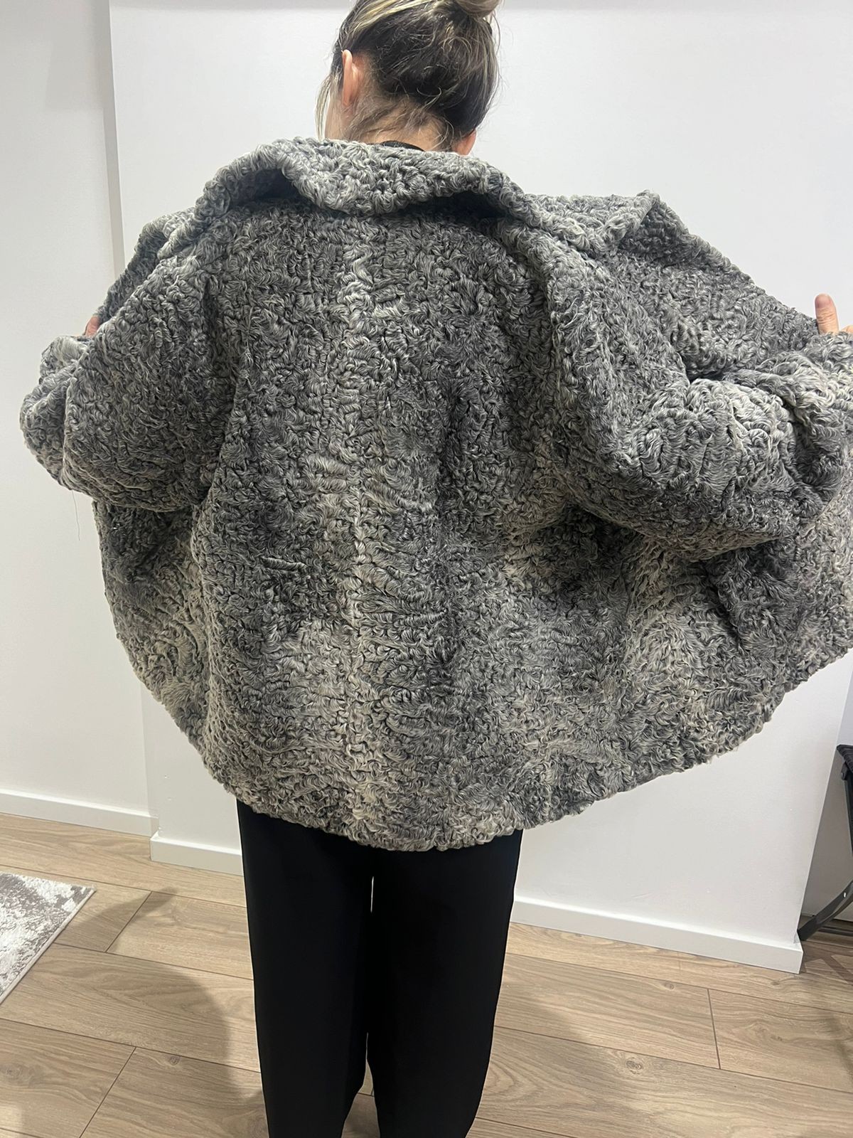 Silver Astrakhan Fur Jacket Karakul Lamb Vintage Winter Coat Size L/XL rare find
