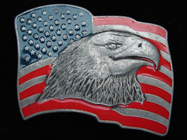 PH11144 VINTAGE 1970s **AMERICAN BALD EAGLE & USA FLAG** PATRIOTIC BELT BUCKLE