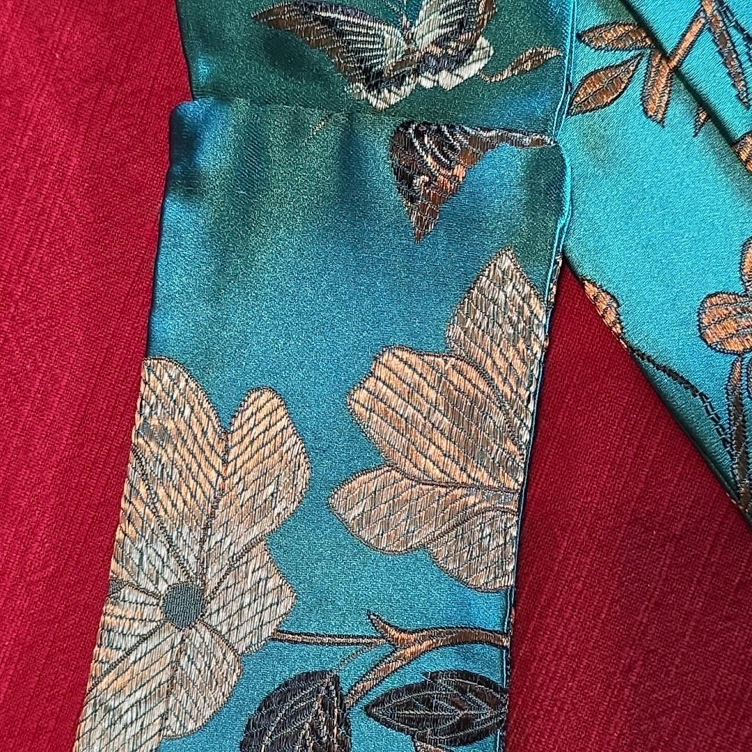 MJ Ernst Couturier Asian Brocade Sash Obi Belt Teal Emerald Floral Butterfly
