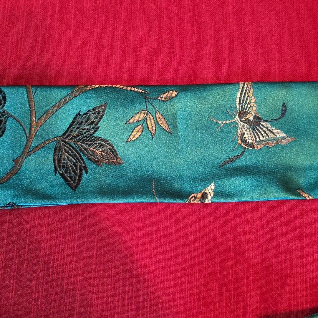 MJ Ernst Couturier Asian Brocade Sash Obi Belt Teal Emerald Floral Butterfly