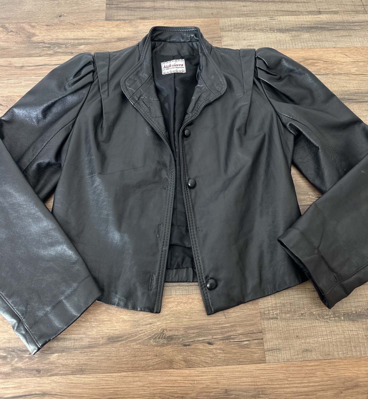 VTG Black Leather Jacket Puff Sleeves Steampunk Whimsigoth XS S High Sierra