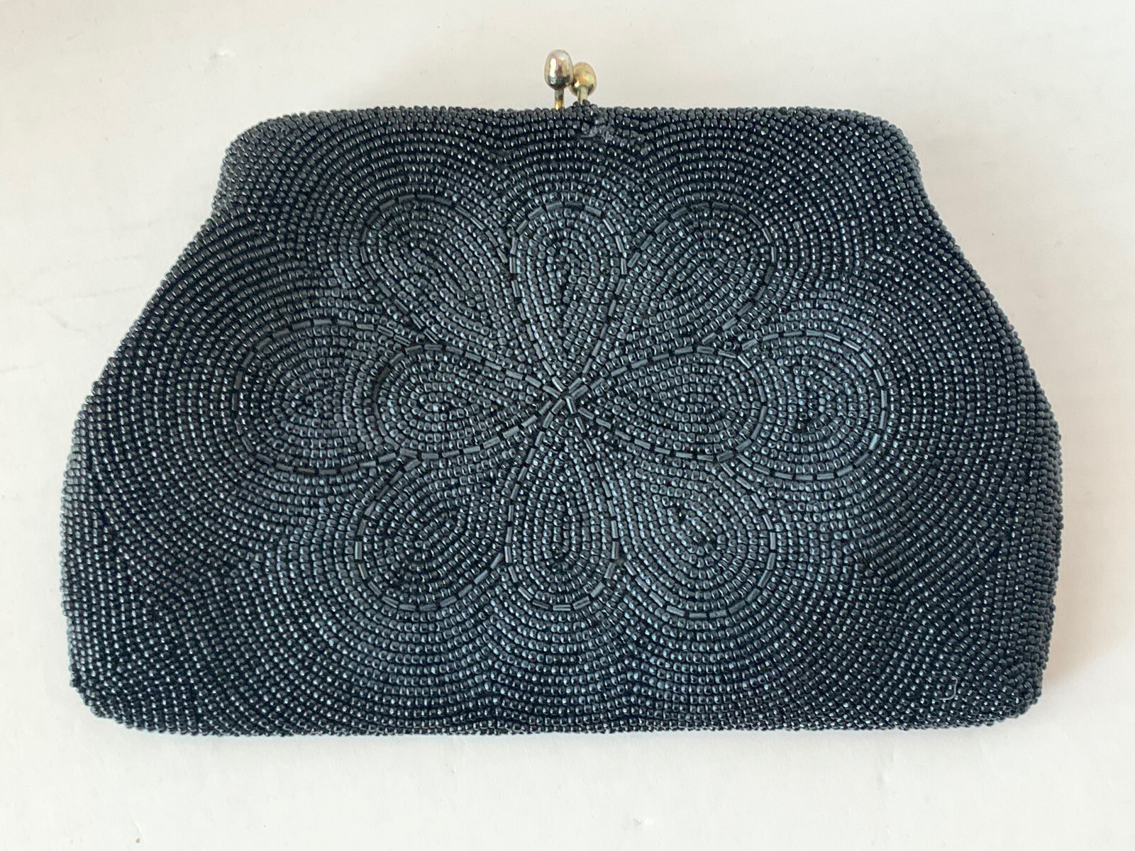 Vintage Bon Soir Black Beaded Clutch Handbag Gold Chain Cocktail Party Prom Club