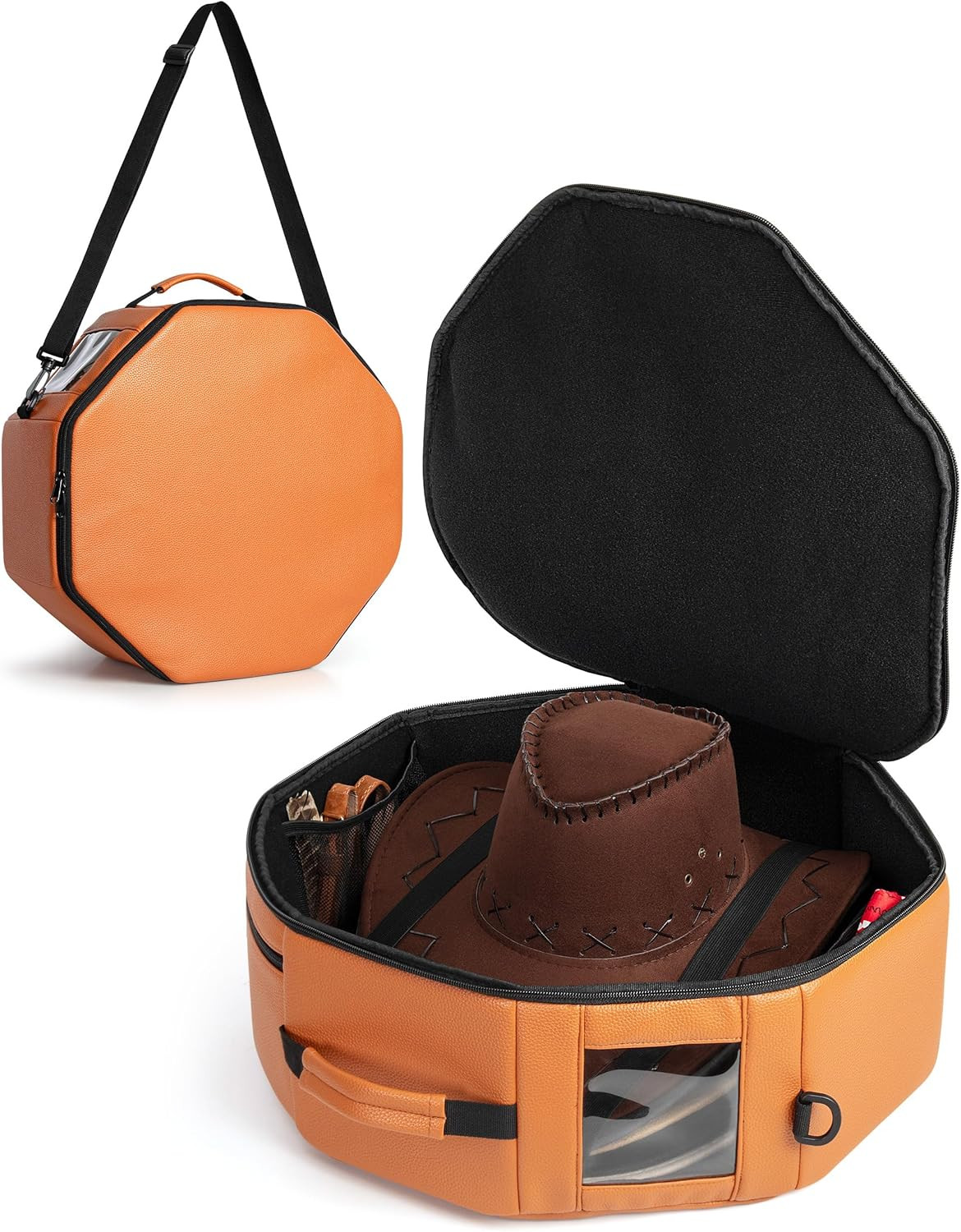 Vegan Leather Hat Box Fits 4 Cowboy or Wide-Brim Hats, Padded Storage Case with