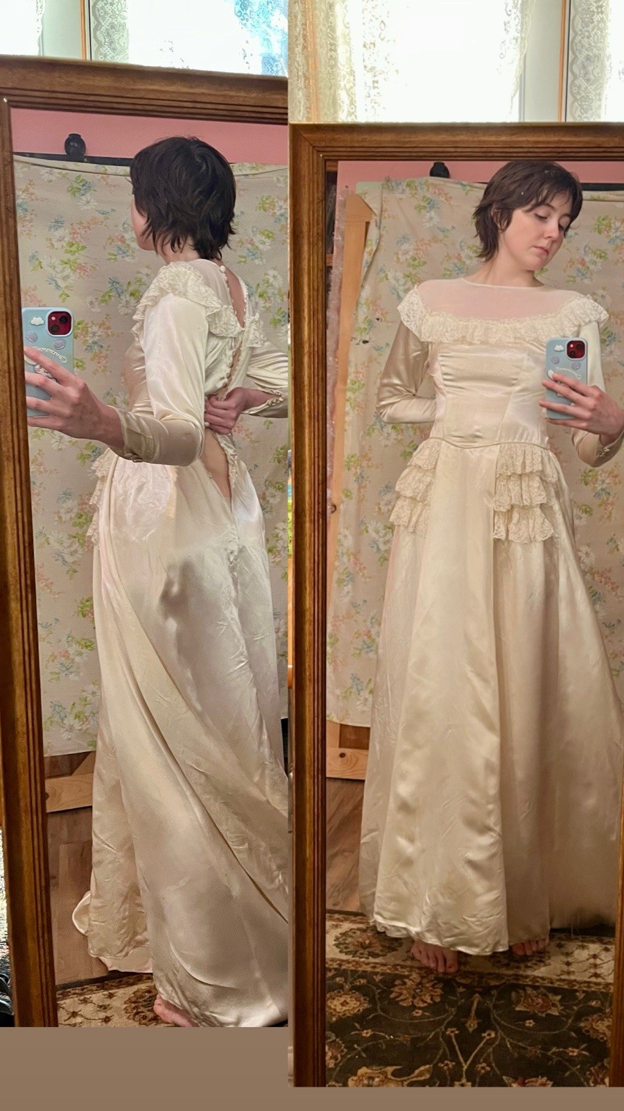 1940s/50s Vintage Liquid Satin Wedding Gown XS Ivory Cream Lace Bridal Dress