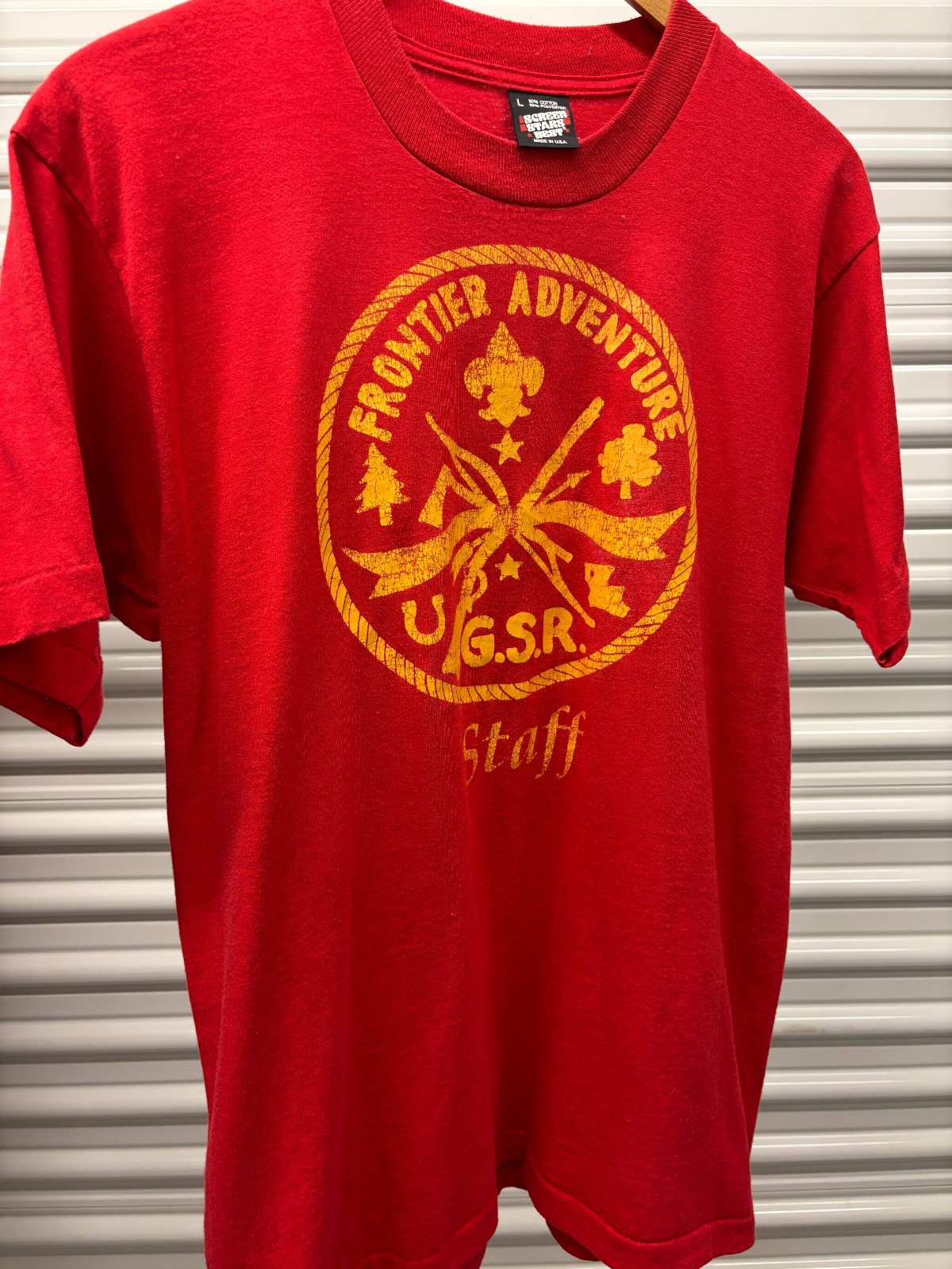 Vintage Boy Scouts Of America Staff T-Shirt Red Large Mens GSR Guyasuta Frontier