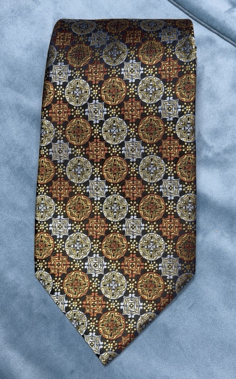 Vintage 70s Wembley Wide Neck Tie Geometric Circle Brown Gold Silver Orange
