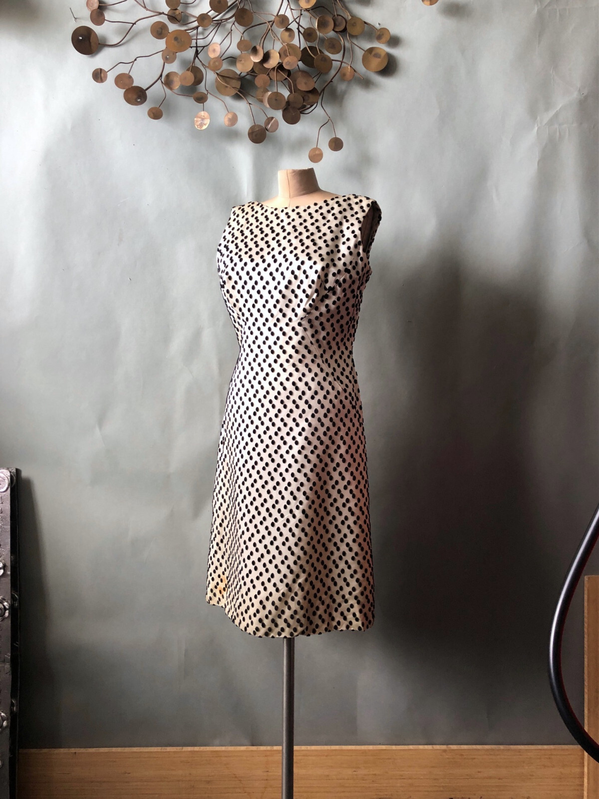 Holiday Vintage ALICE SCHWEITZER Couture Satin Polka Dot Dress 40 Bust 40 Hip