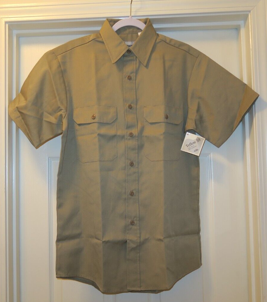 Vintage 1970s Roebucks Sears Work Shirt Poly Cotton Twill Tan Short Sleeve M NOS