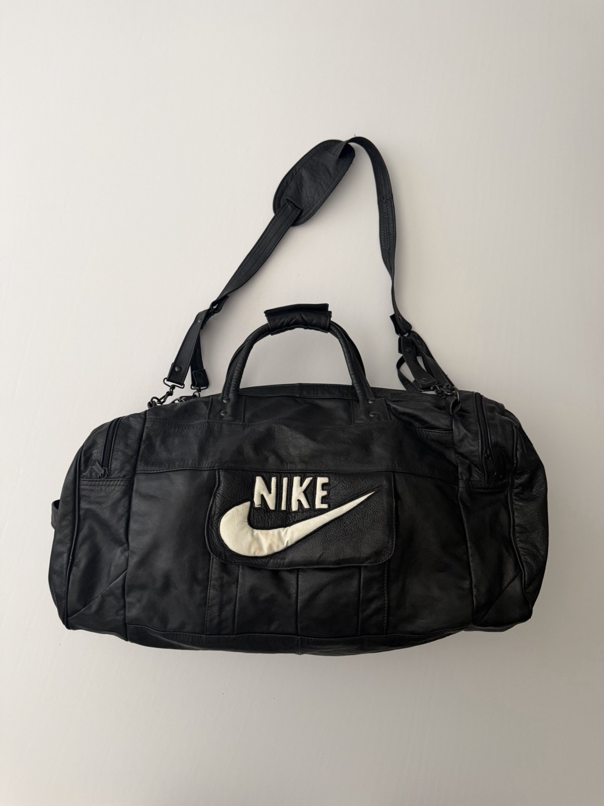 Vintage Rare 80’s Black Leather Nike Gym Duffle Bag with Swoosh Logo Large