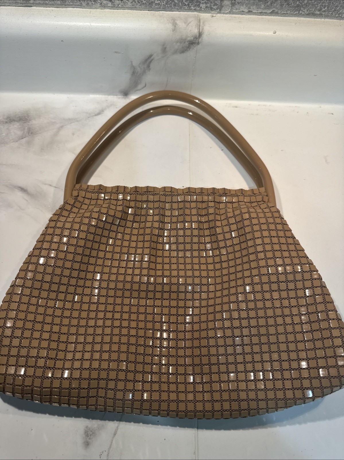 Vintage Lemured Beige/tan tiles And Mesh Pull Apart Bag In Excellent Condition