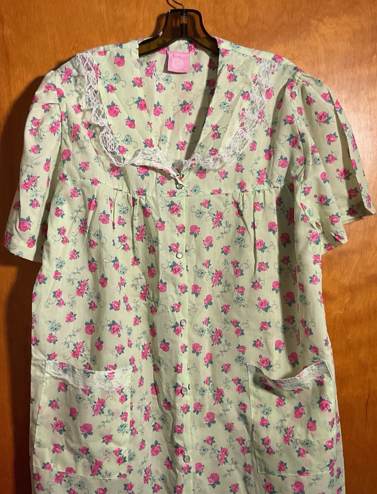 Vtg NOS Snap Front House Dress/Duster – Floral Print – Lace Trim SZ XL