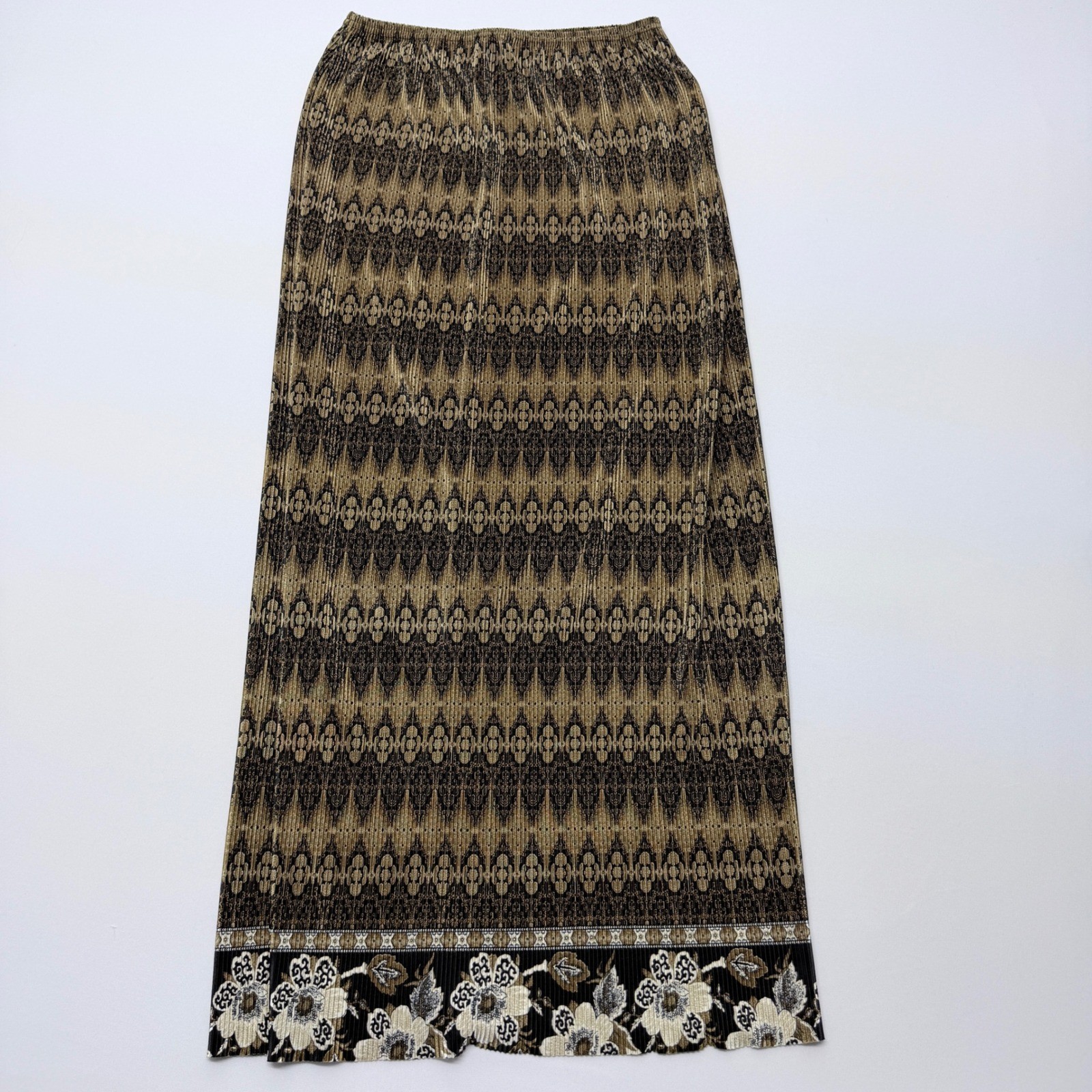 Rafael Vintage Gold Black Pleated Maxi Skirt Geometric Floral Metallic Small