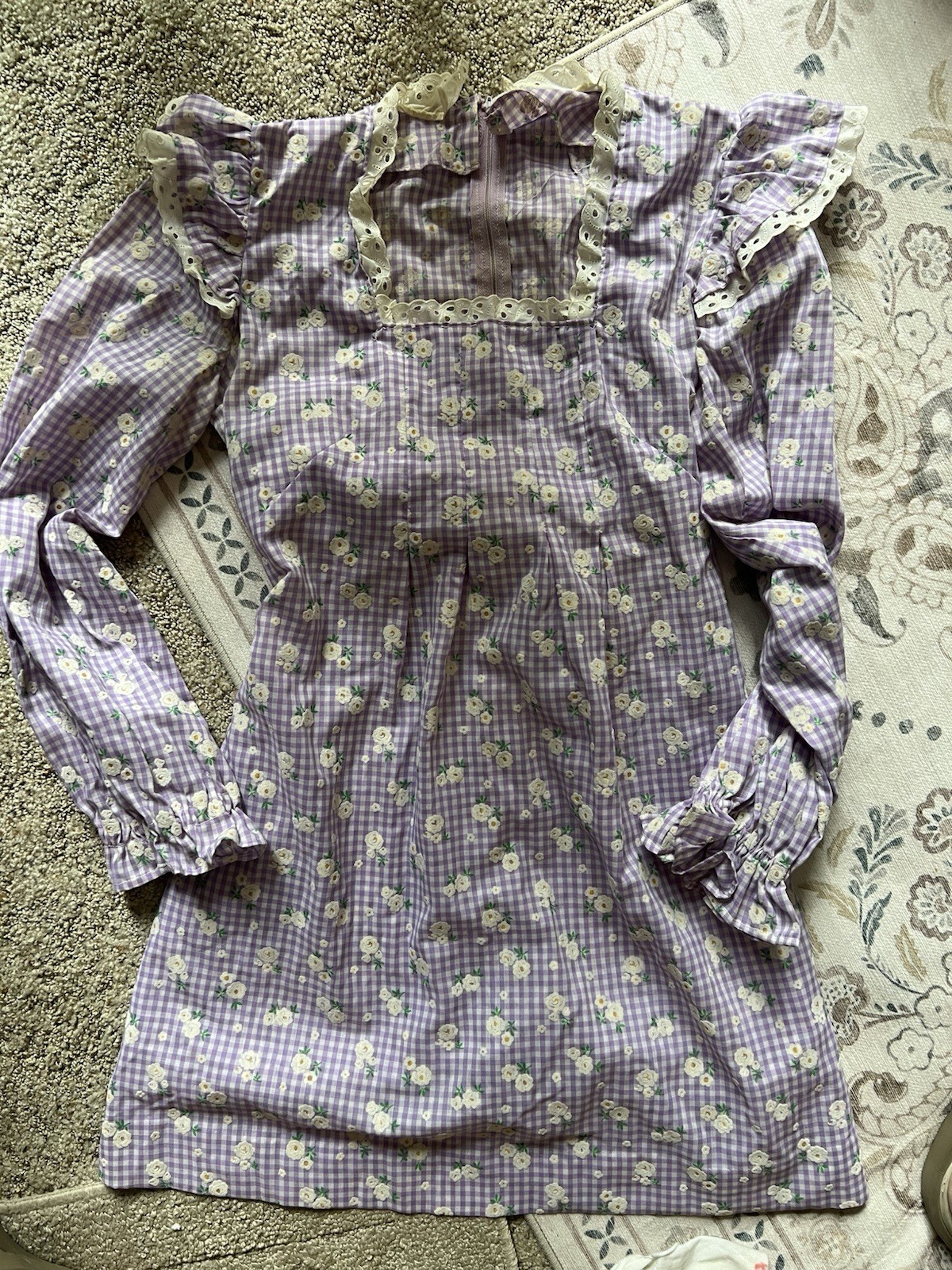 Vintage 1970s Lilac White Gingham Floral Cotton Tieback Dress M/L Homemade