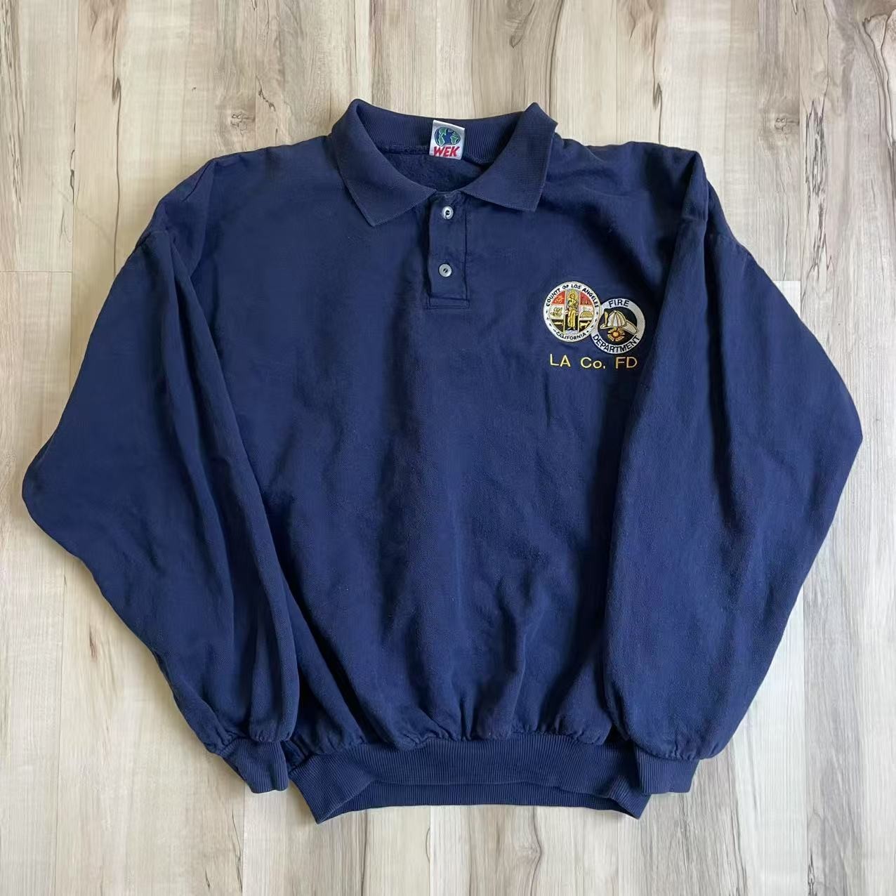 VTG LA County Fire Dept Long Sleeve Heavyweight Polo Men L w/Patches Made in USA