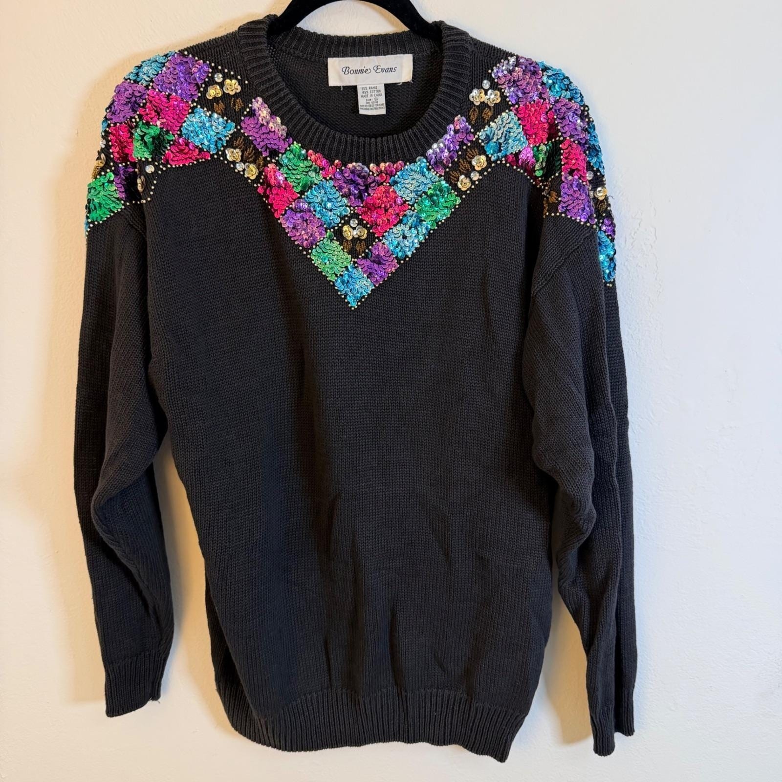 VTG Womens S Sequin Sweater Black Knit Multicolor Retro 80s Maximalist
