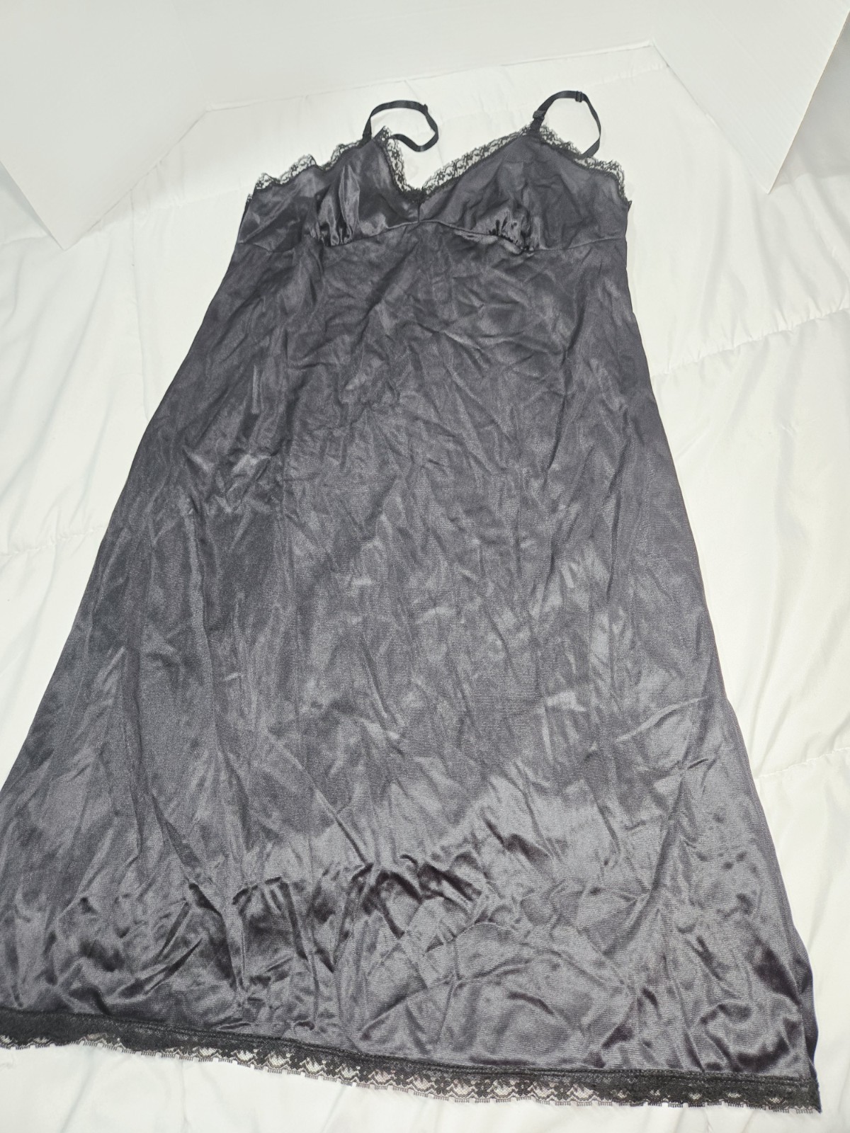 Vtg Camelot Half Slip 34 Black Nylon Lace Slit Lingerie Babydoll Lace Retro