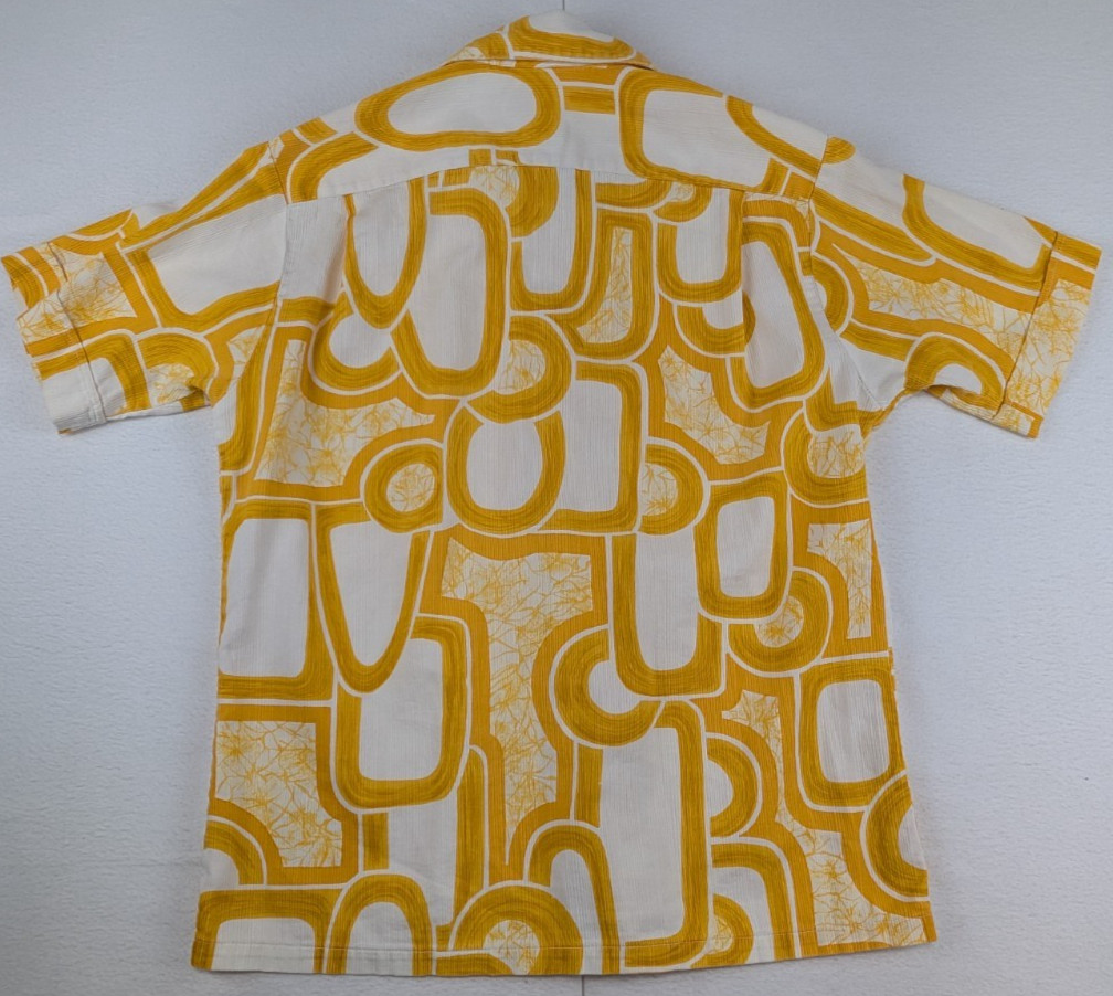 Vtg 60s 70s Mod Op Art Abstract Dobby Weave Cotton Shirt Mustard Yellow SS S M