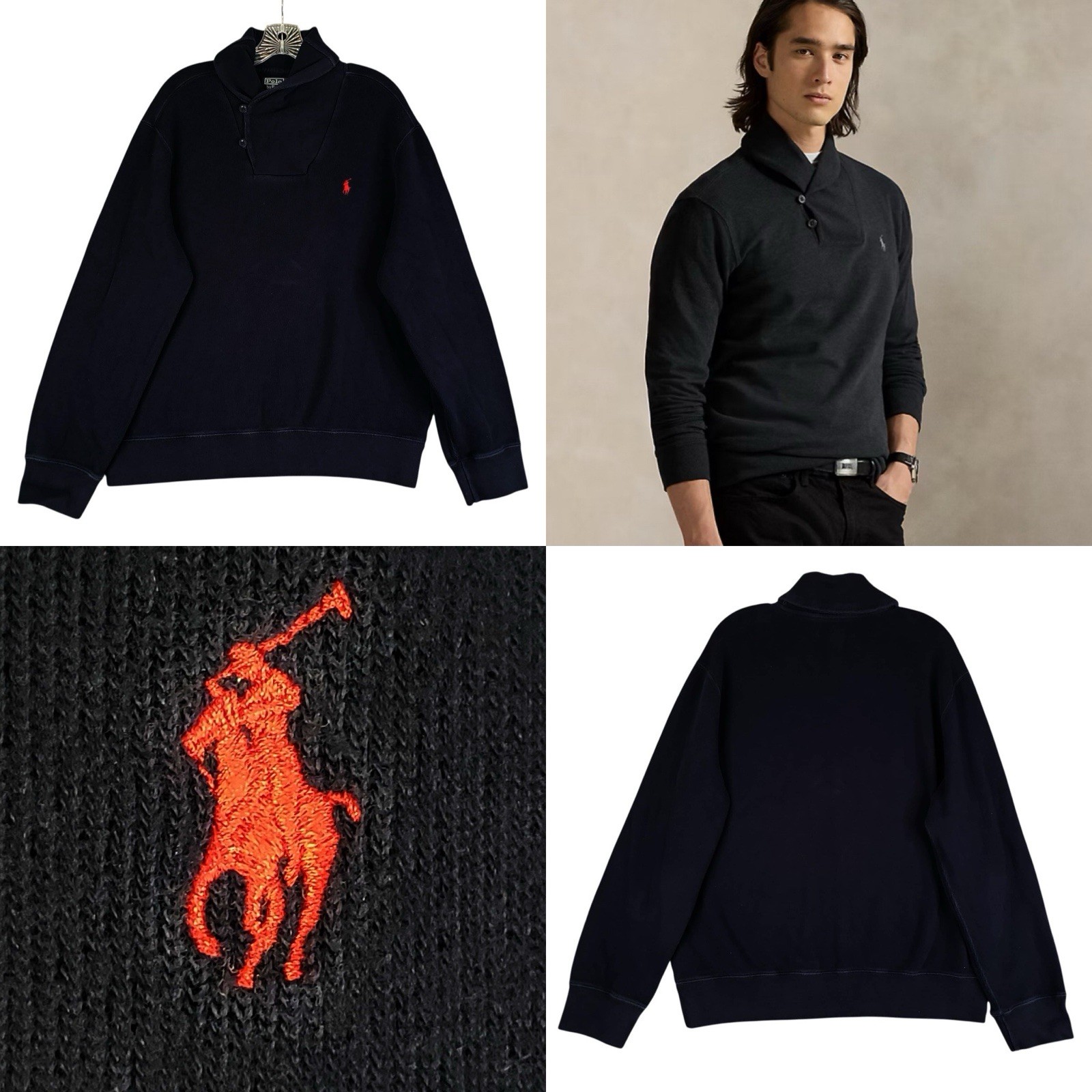 Polo Ralph Lauren Men’s Shawl Collar Sweater Terry Knit Sweatshirt Navy Blue