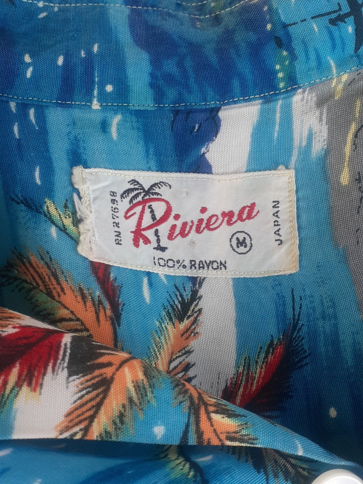 Vintage 50’s Hawaiian Men’s Medium Rayon Blue/Red/Gold Long Canoe & Palms Theme