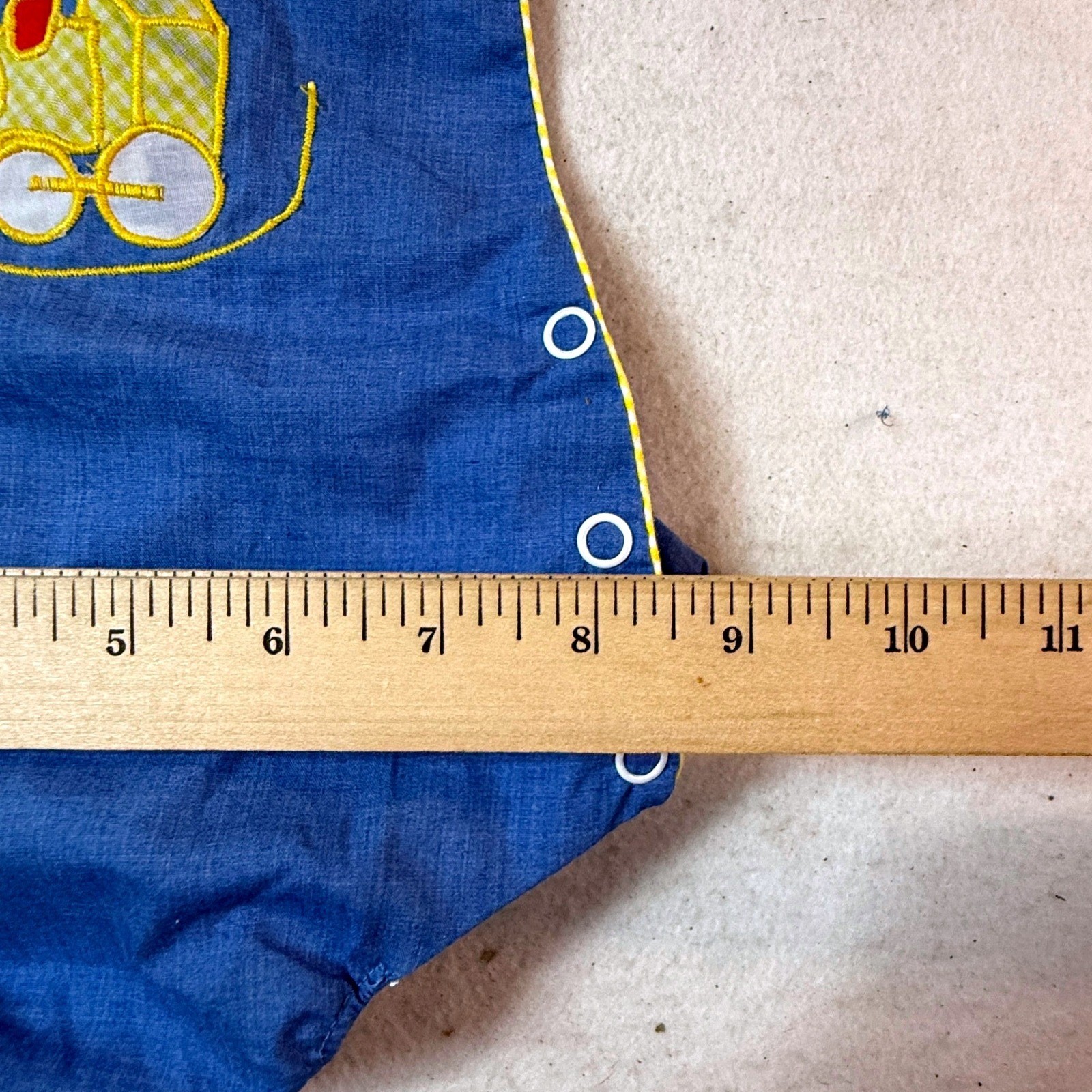 Vintage Baby Train Romper 6-12M Blue Embroidered Choo Choo Kidcore