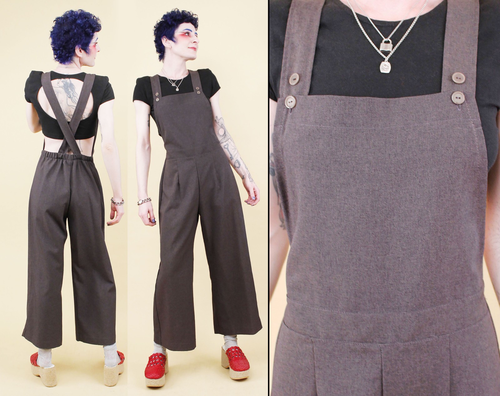 90s does 40s Vtg Grey Overalls Wide Leg Suspender Jumpsuit Polyester M W26-30″