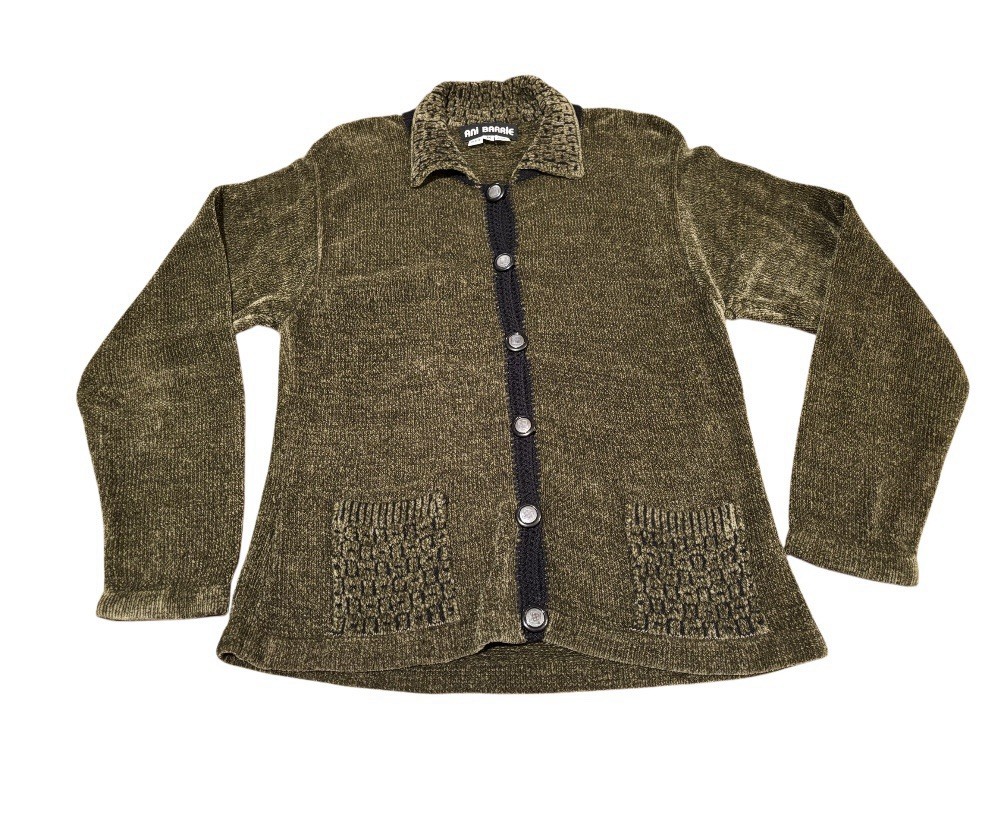 Vintage 90s Ani Barrie Womens PM Green Marled Chenille ButtonUp Cardigan Sweater