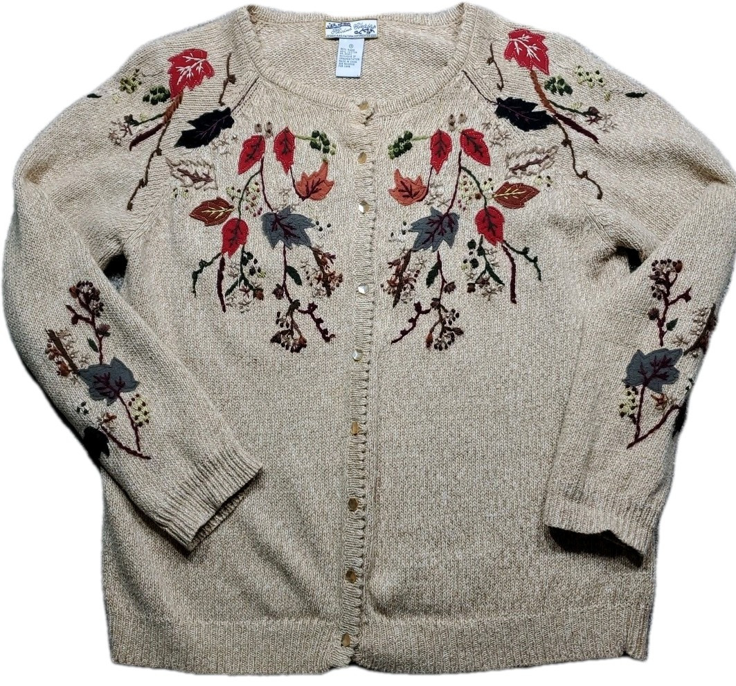 Heirloom Collectibles Small Cardigan Sweater Tan Embroidery Of Fall Leaves Raime