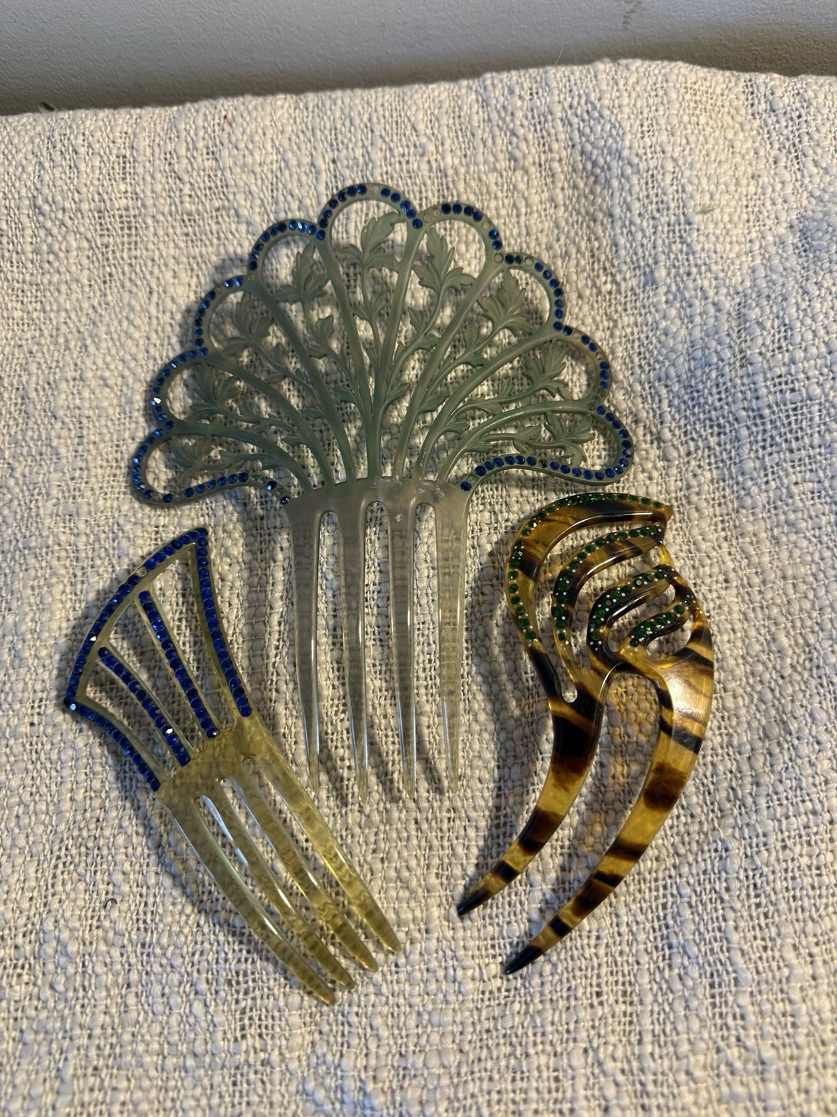 3 Antique Hair Comb Celluloid Faux Tortoise Shell Rhinestones Hair Combs
