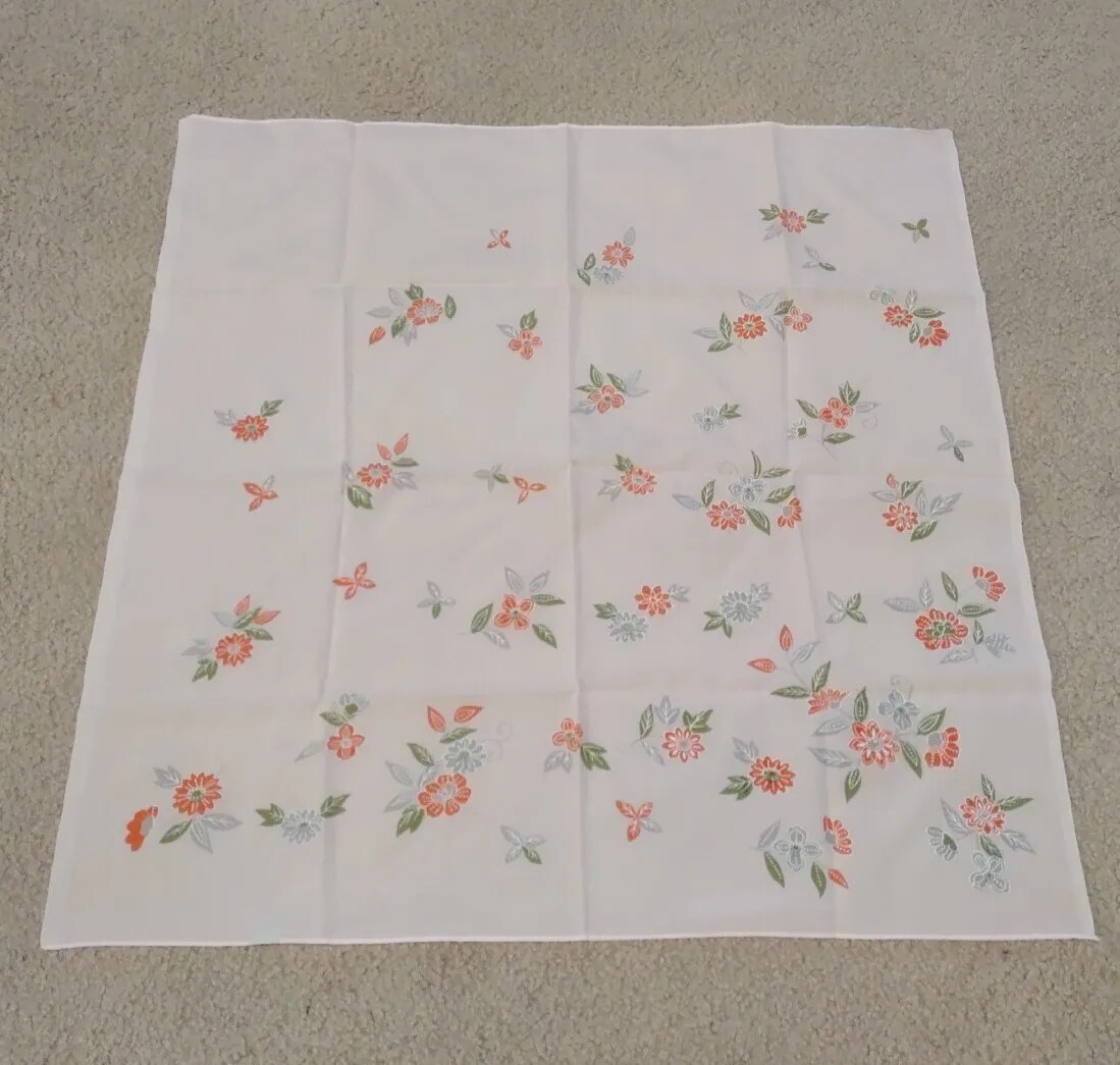 Vtg Nylon Scarf Sheer Pink Orange White Gray Green Flowers 27” x 27″ Light 1960s