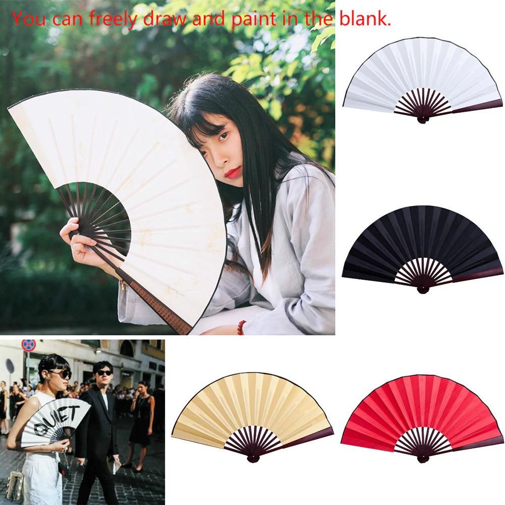 Folding Fan Silk Hand Fan Chinese Cloth Blank Wooden Bamboo Calligraphy Paint